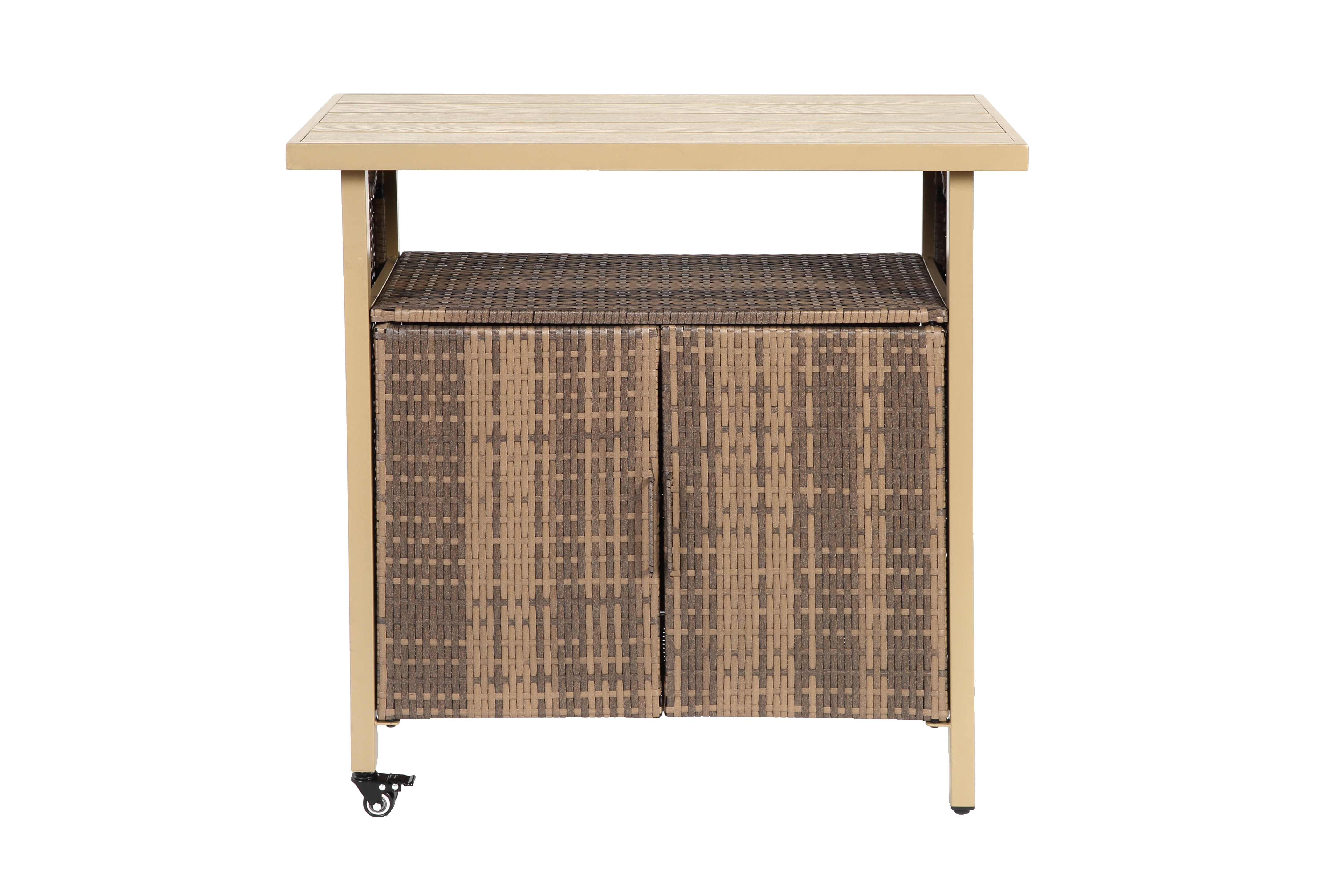 Outdoor Wicker Bar Cart, Patio Wine Serving Cart W  Wheels , Rolling Rattan Beverage Bar Counter Table W Glass Top For Porch Backyard Garden Poolside Party, Beige