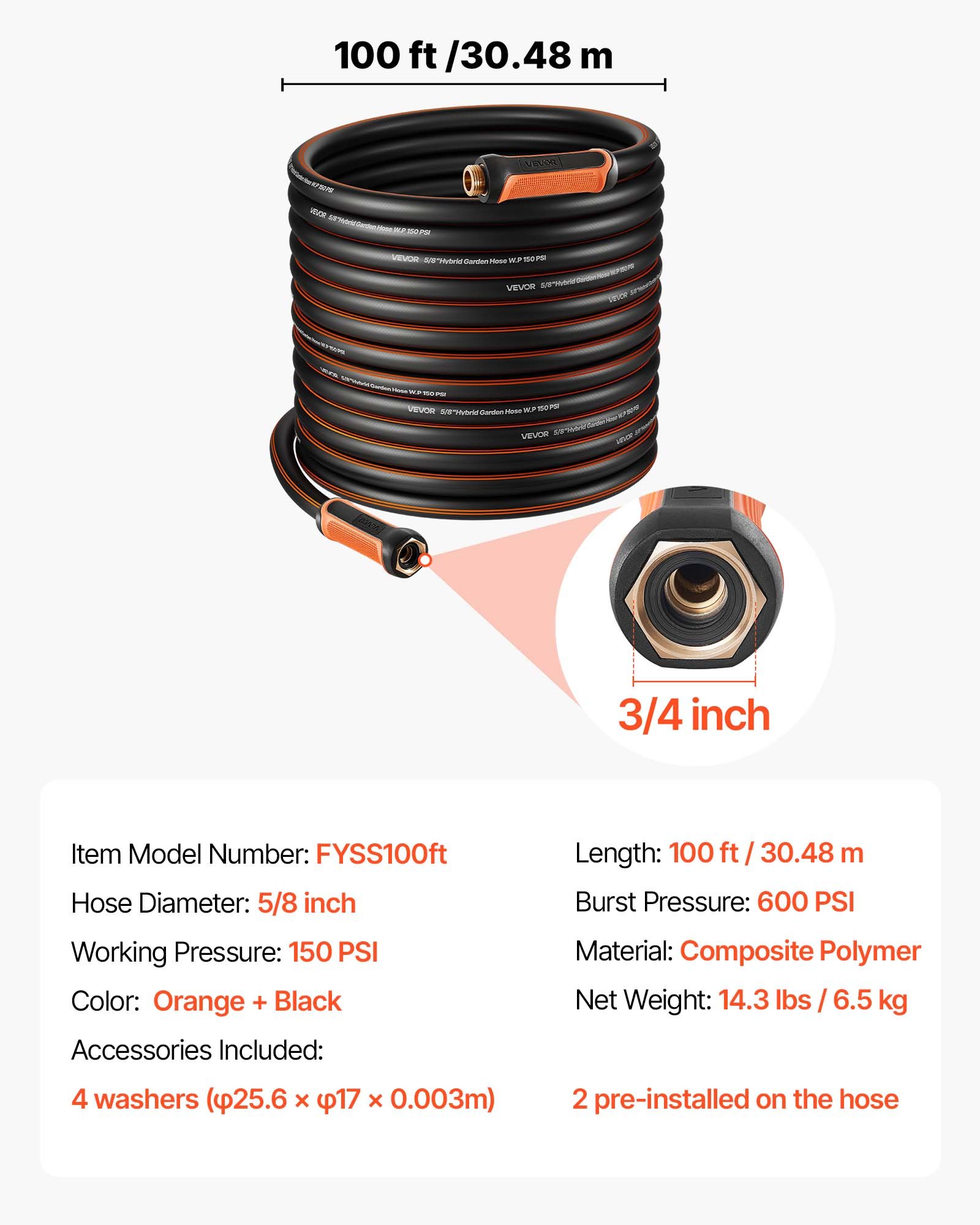 Garden Hose, 100 Ft 5-8' Heavy Duty 4-Layer Rubber Water Hose, 150PSI Working & 600PSI Burst, Flexible & Non-kink Outdoor Waterhose With 3-4' Fitting, Lightweight Hoses For Gardening Cleaning