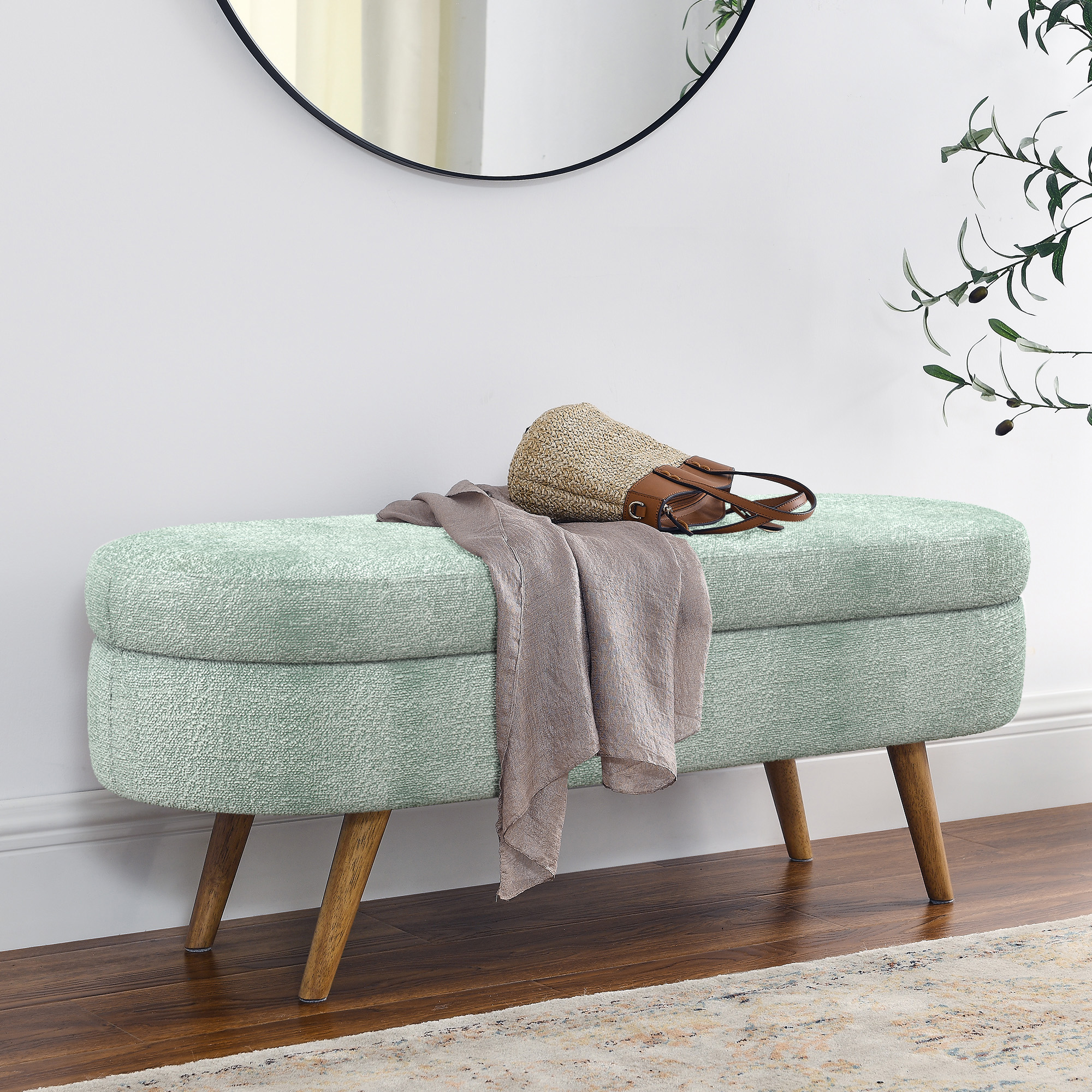 Ottoman Oval Storage Bench,Rubber Wood Legs, Gray 43.5x16x16 Cyan