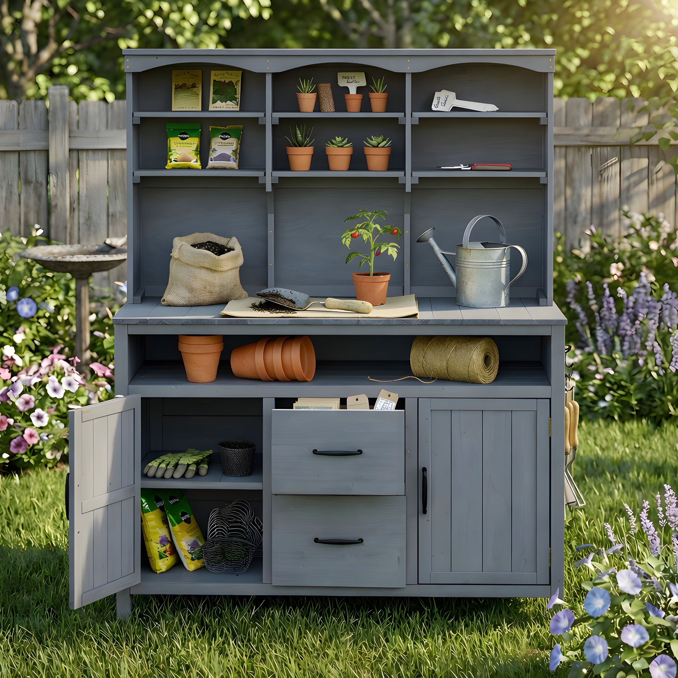 With Assembly Video TOPMAx Large Fir Wood Potting Bench  45.3 L Multi- Functional Outdoor Patio Kitchen Island With Hutch  Cabinets  Drawers & Hooks   Large Countertop For Gardening  Grill  Gray