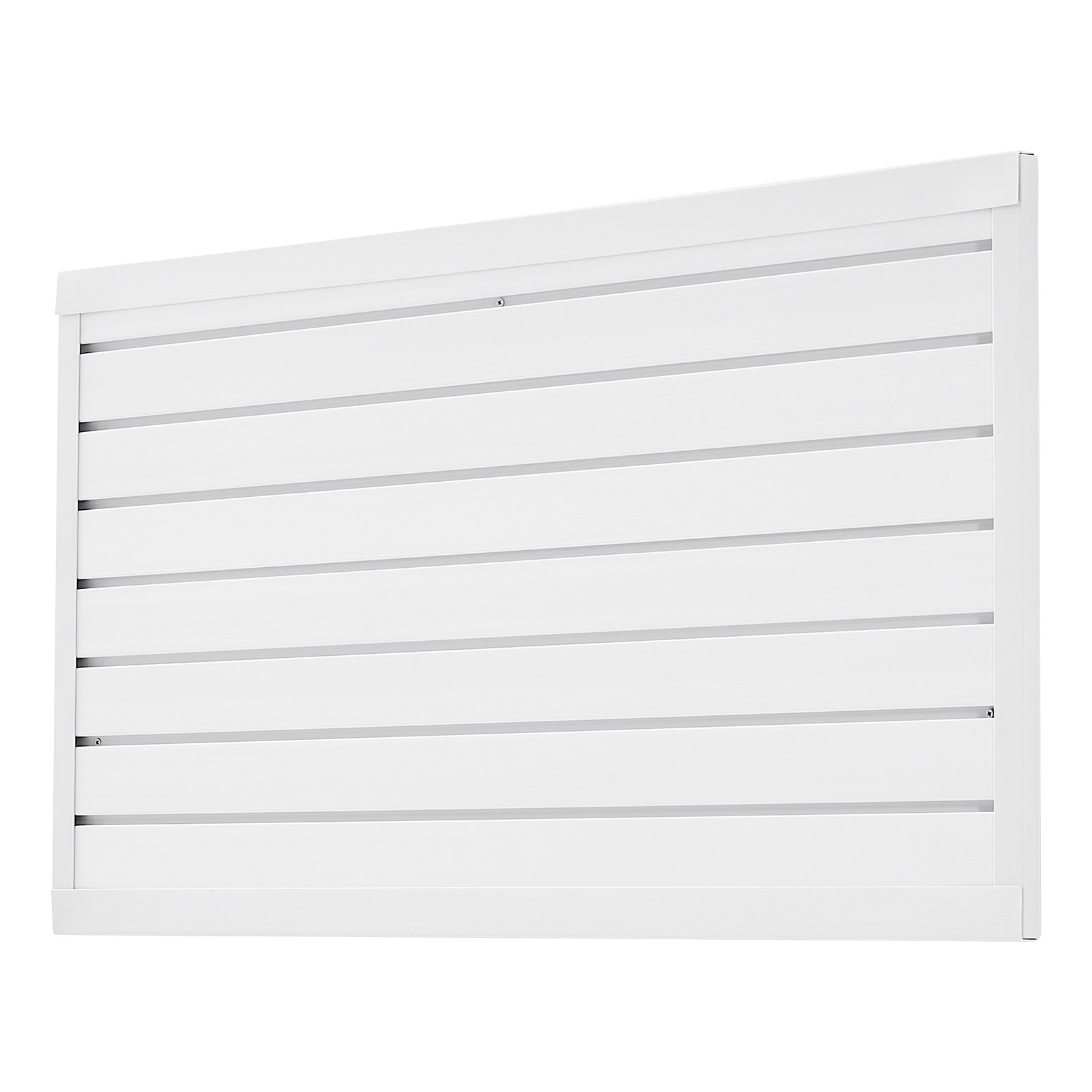 Panel de pared ranurado de PVC, 2 x 4 pies, diseño modular, blanco, fácil de instalar.