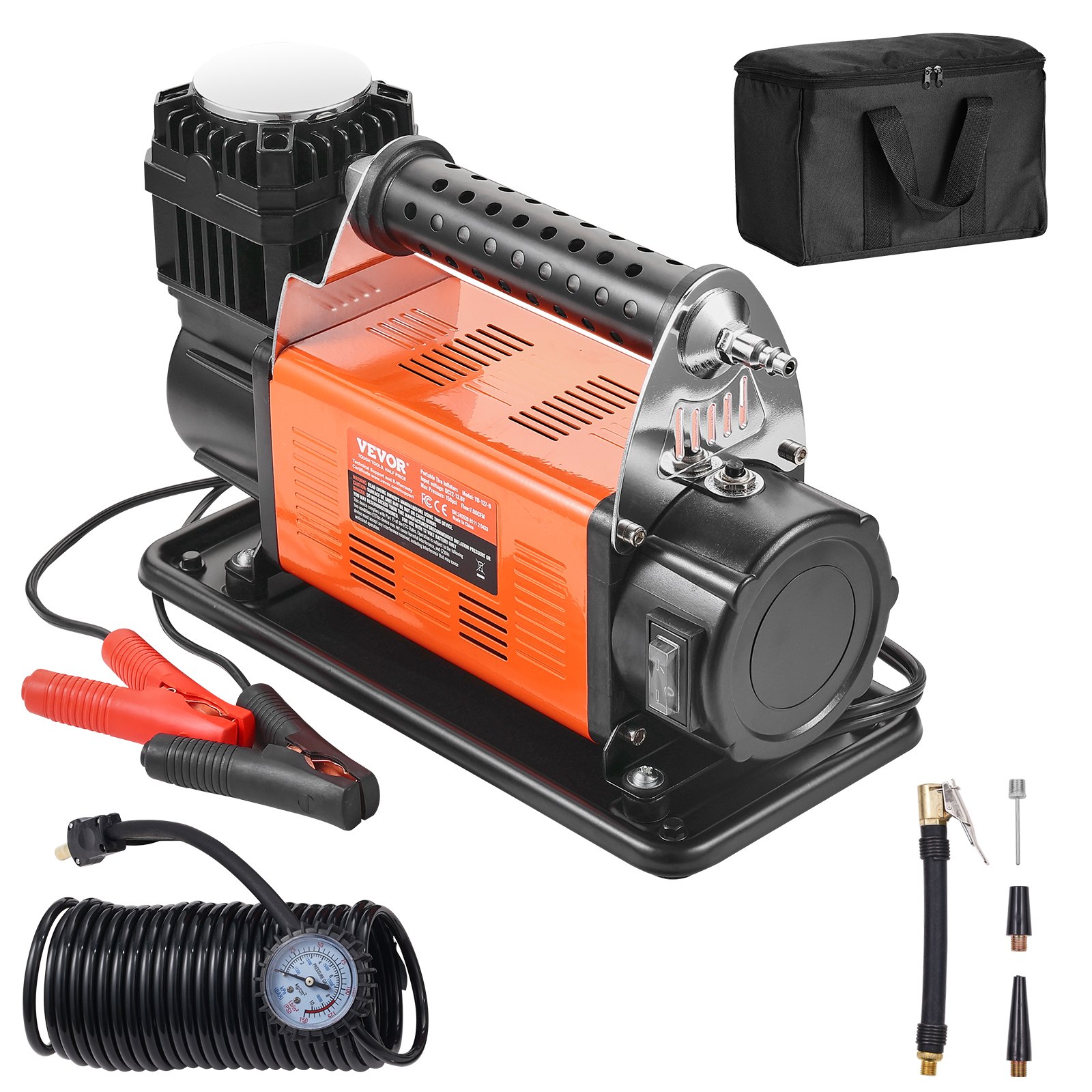 12V Portable Tire Inflator, 7.06CFM Heavy Duty Air Compressor, 150PSI Offroad Air Pump With Adapters For Car SUV RV Truck - Include 6.5FT Power Cord, 26FT Air Hose With Pressure Gauge, Carry Bag