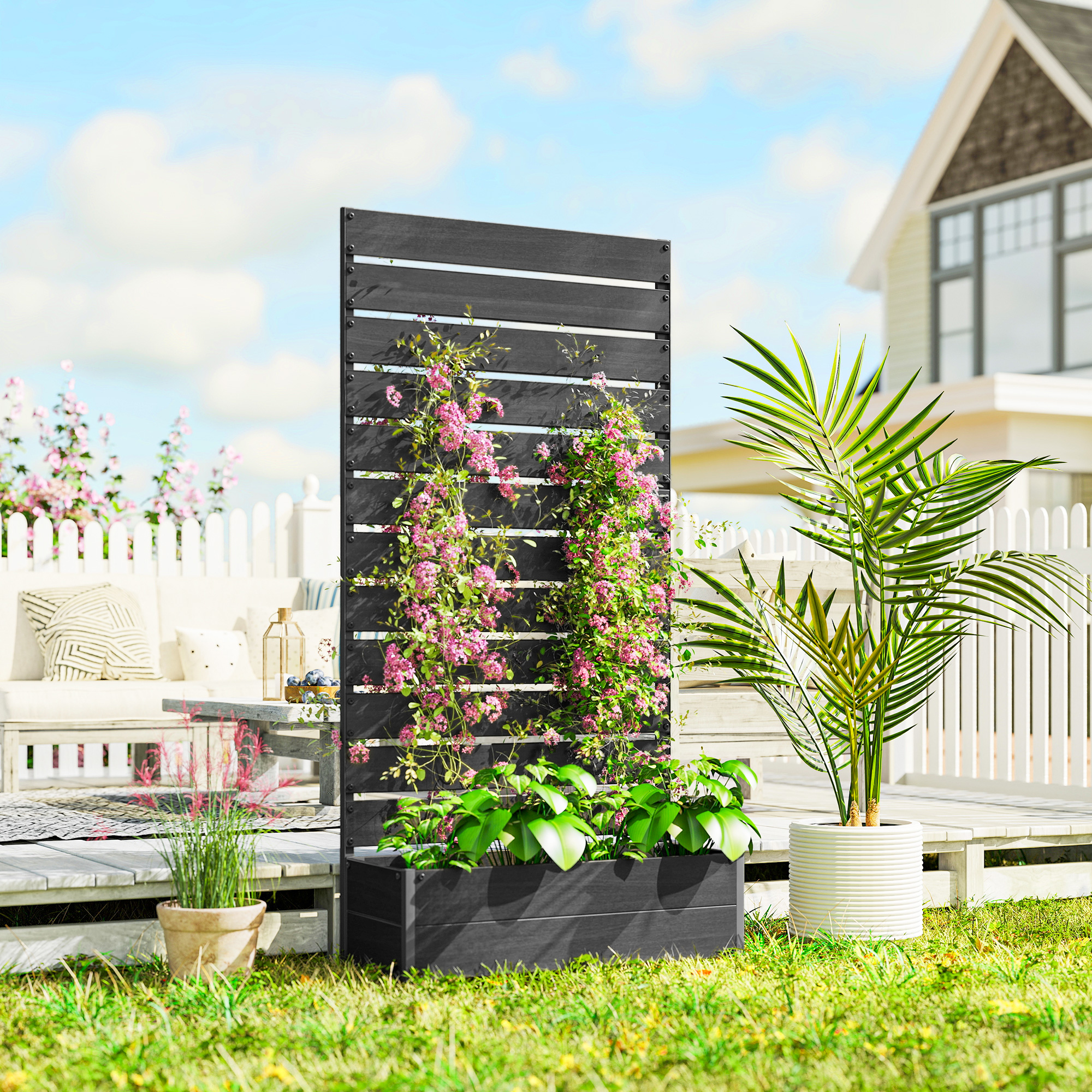 Macetero elevado con enrejado para plantas trepadoras, para jardín exterior, negro