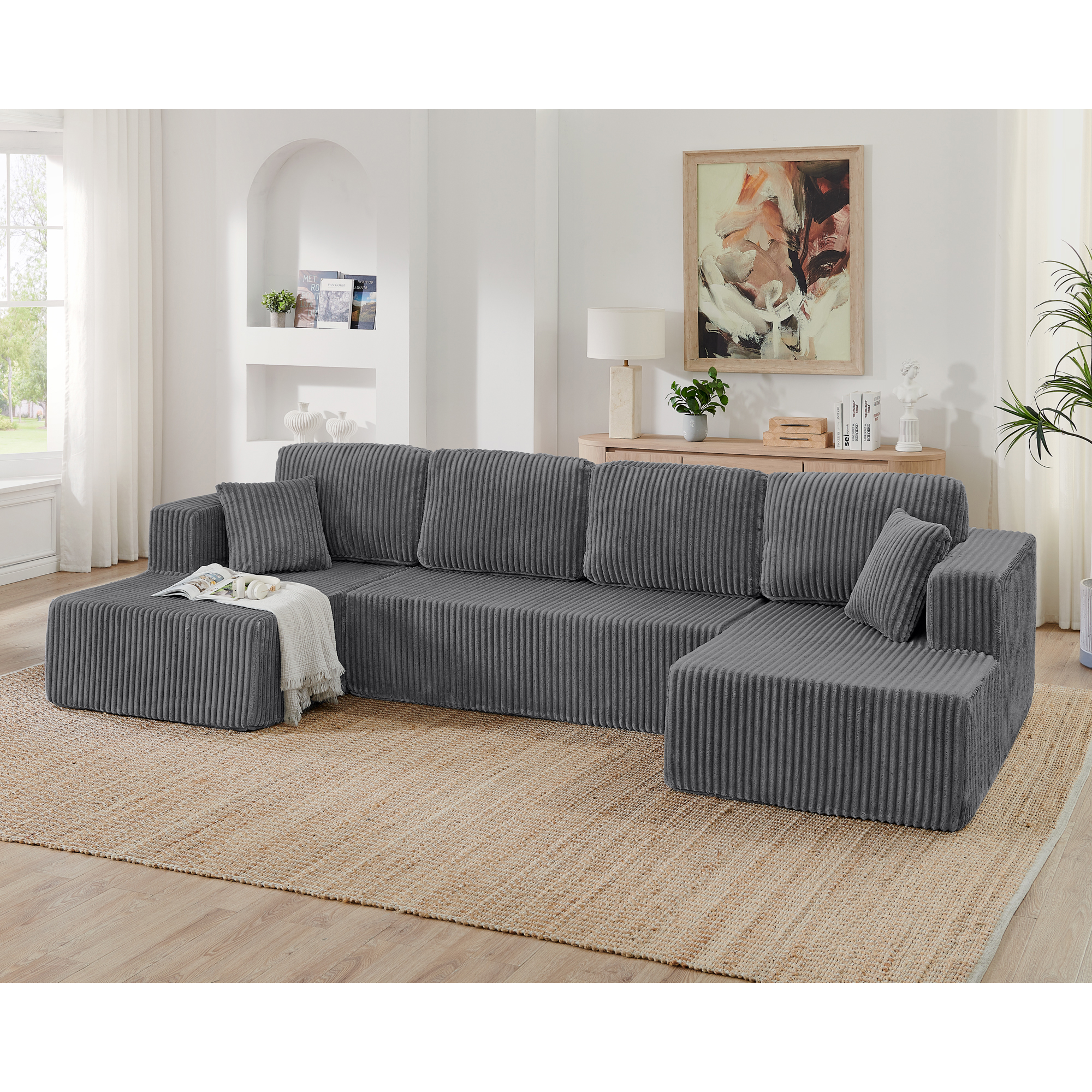 U Shape Modular Sectional Sofa, Compressed Sectional Sofa Modern Minimalist Style Corduroy Couch, Sleeper Sofa For Living Room, Bedroom, Comfy Compressed Sofa Couch Space-Efficient Design-grey