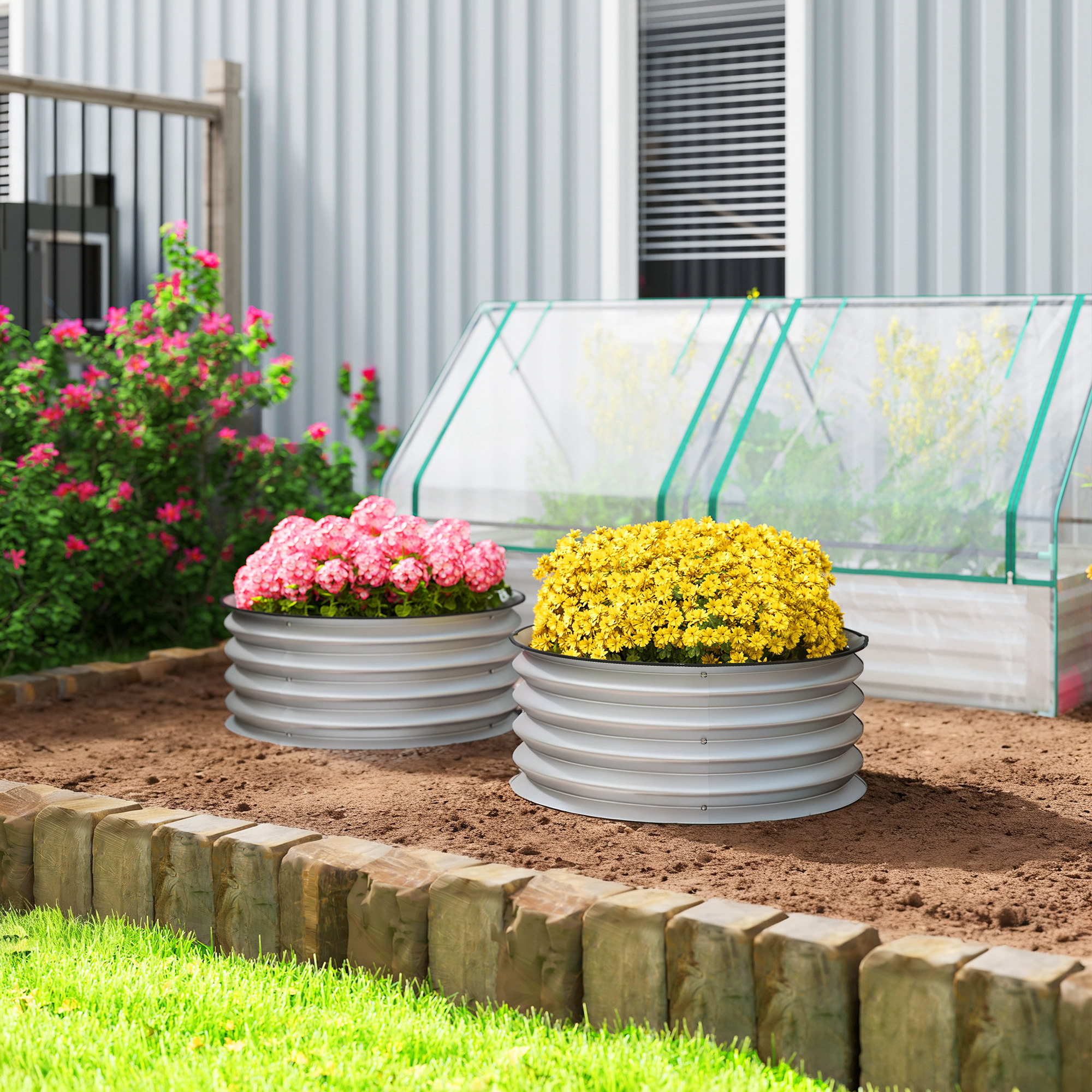 Set de 2 jardineras elevadas de metal con bordes de seguridad, 2x2x1, Plateado