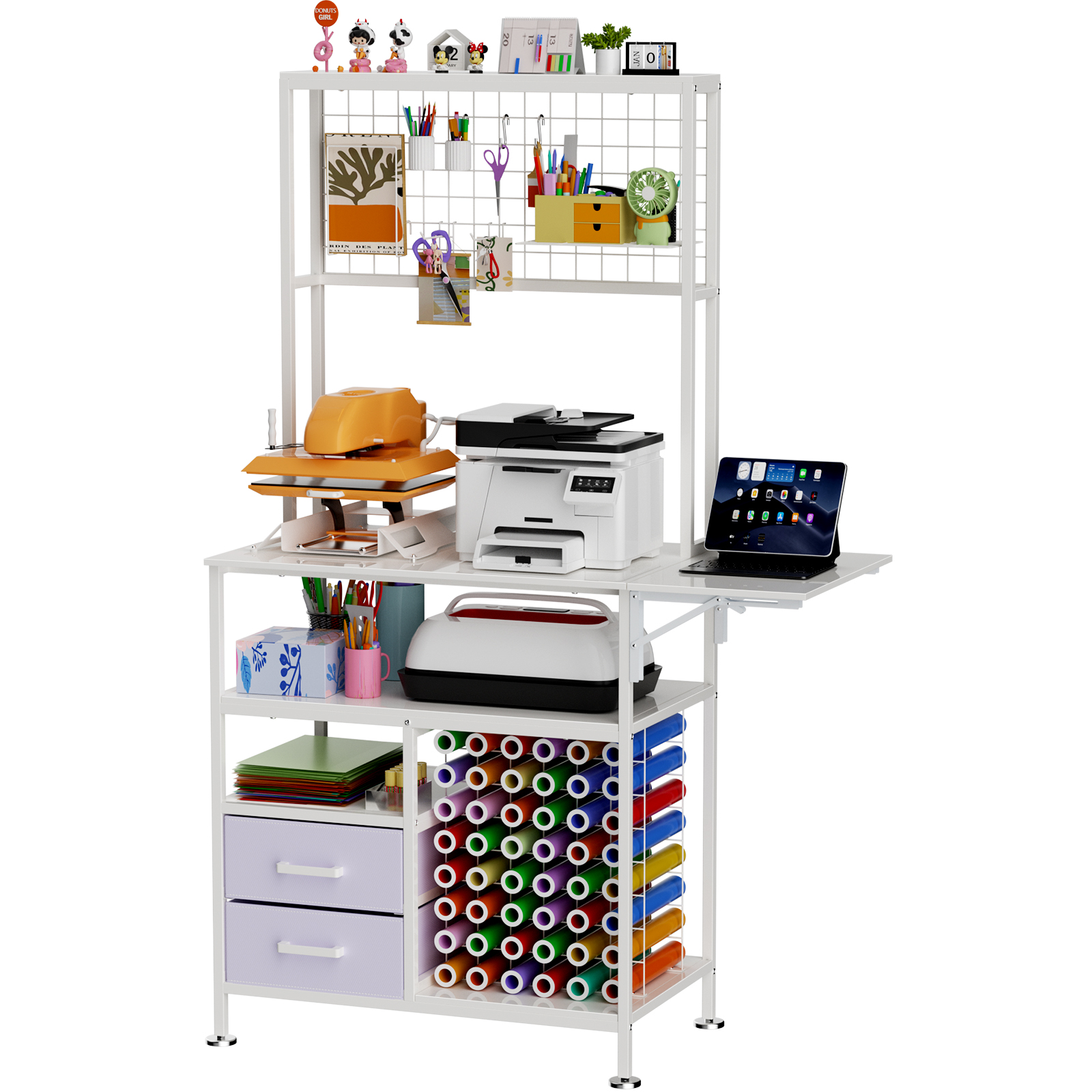 Mesa de trabajo plegable para prensa de calor, con almacenamiento, tablero y ganchos