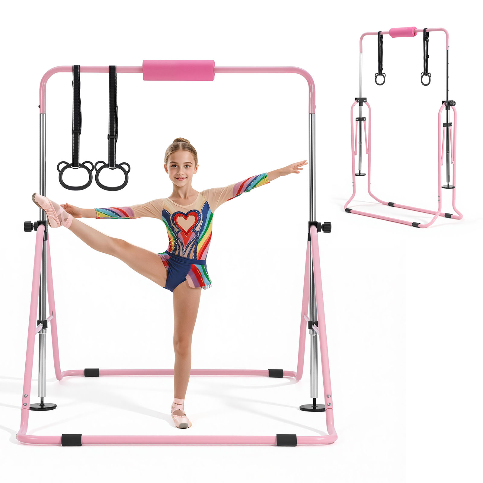 Barras de gimnasia plegables para niños 140 libras ajustables rosa