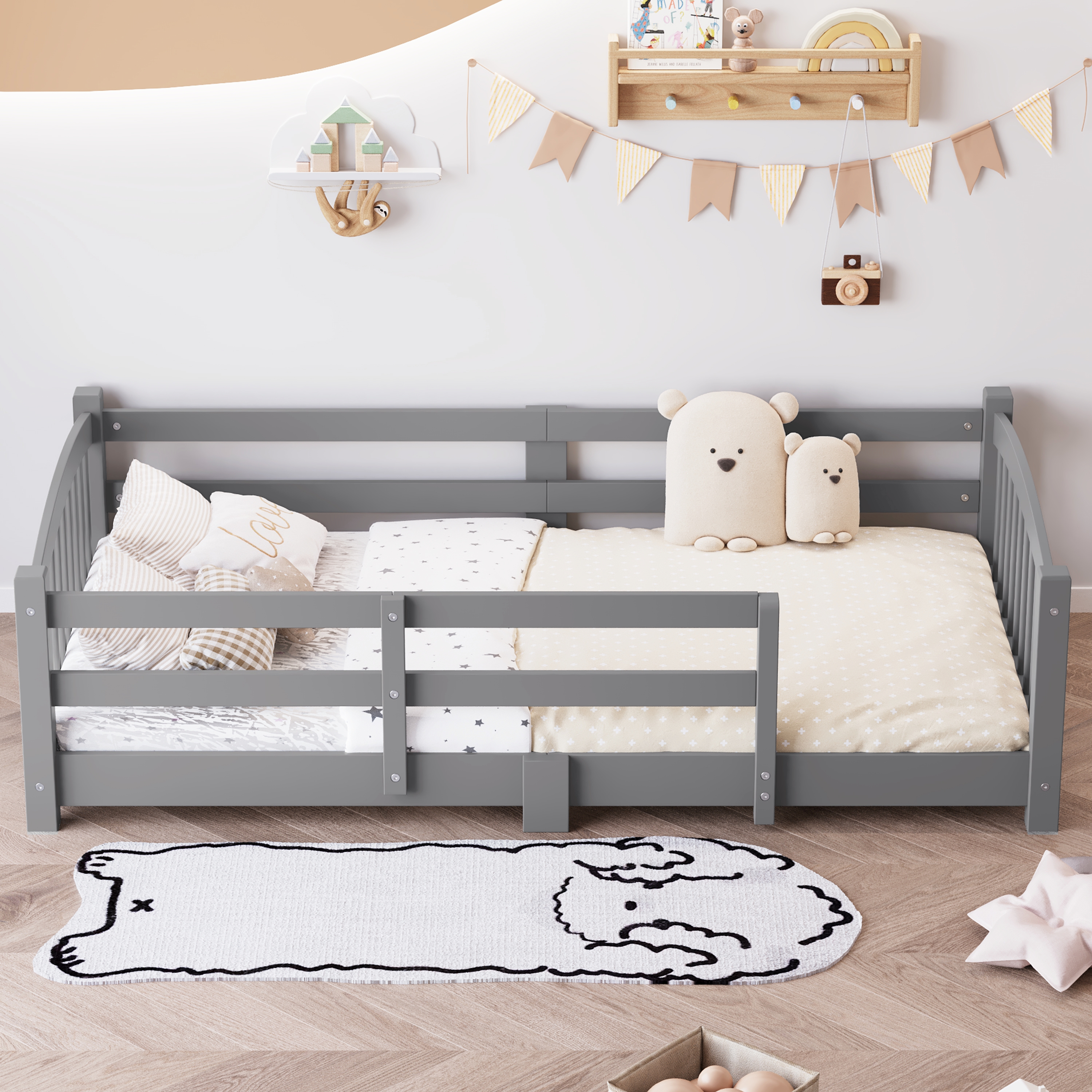 Cama Montessori individual de madera con barandales de seguridad, gris