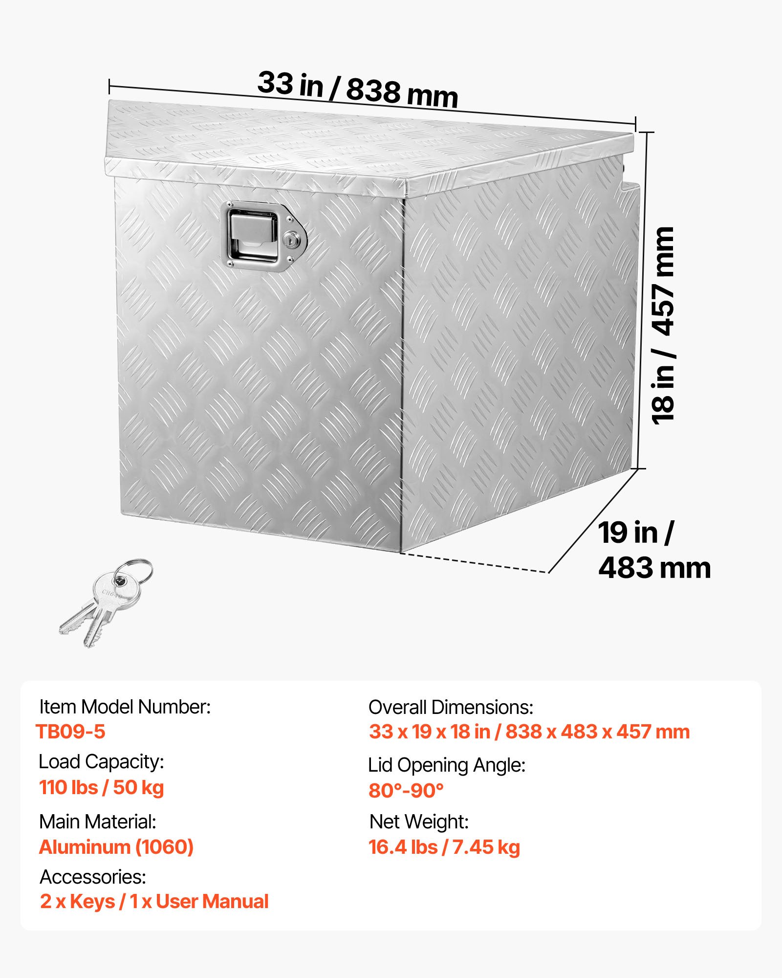 Caja de herramientas de aluminio para remolque, 33 x 19 x 18 pulgadas, con cerradura