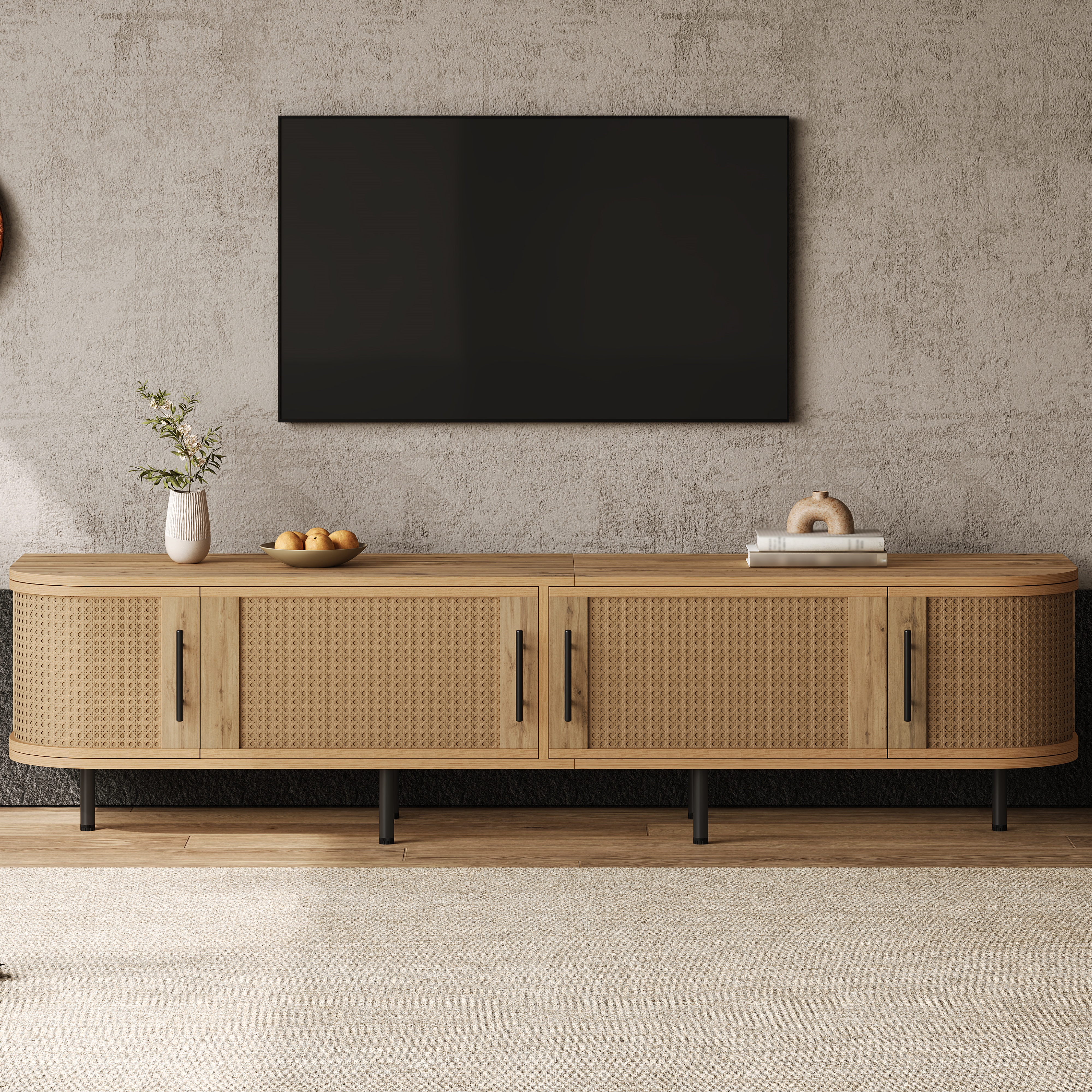 Mueble de TV moderno de 70 pulgadas con puertas de ratán y espacio de almacenamiento