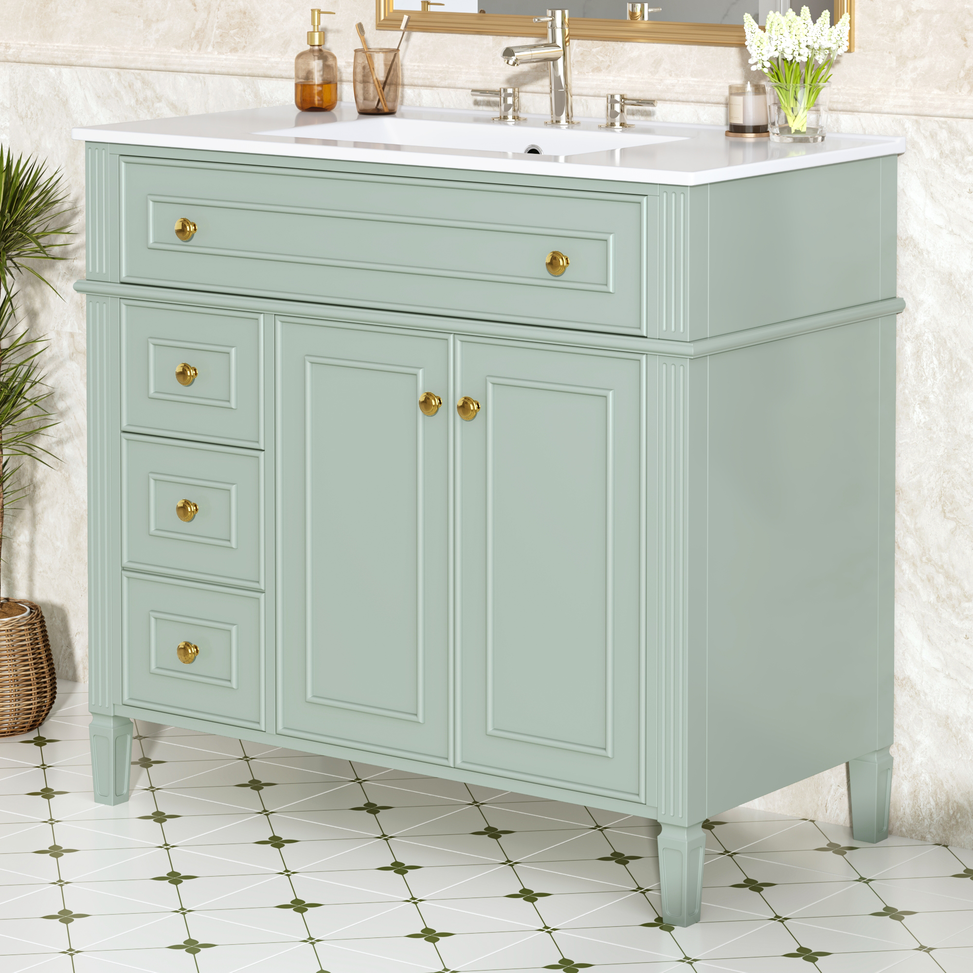 Tocador de baño de 36 pulgadas con lavabo, gabinete de madera verde y tiradores dorados. N725P366468G