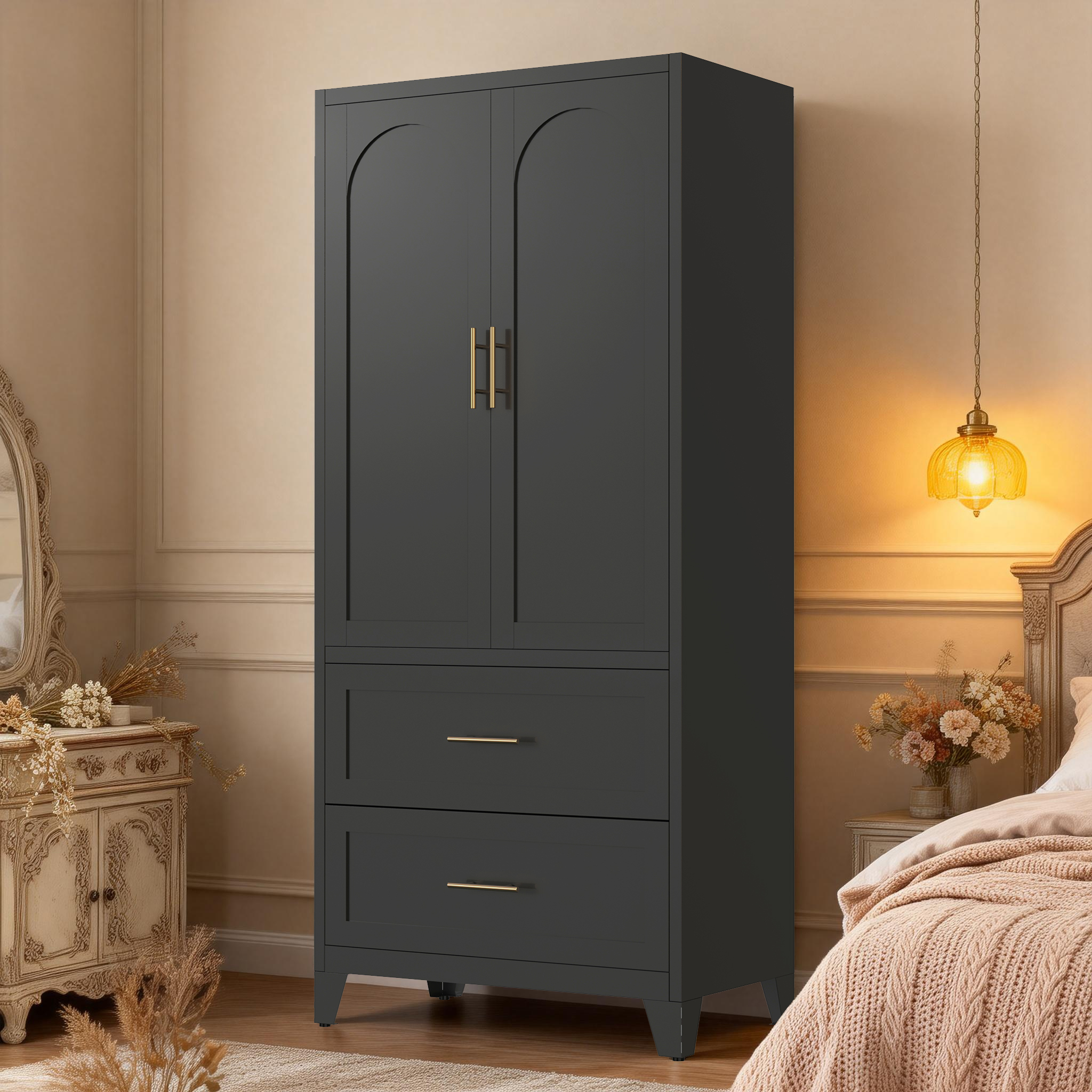71 Tall Metal Wardrobe Cabinet With 2 Drawers And Hanging Rod, 2 Doors Wardrobe Closet With Shelf For Bedroom, Office, Laundry Room,Entryway ,Foyer,Guesthouse  Black