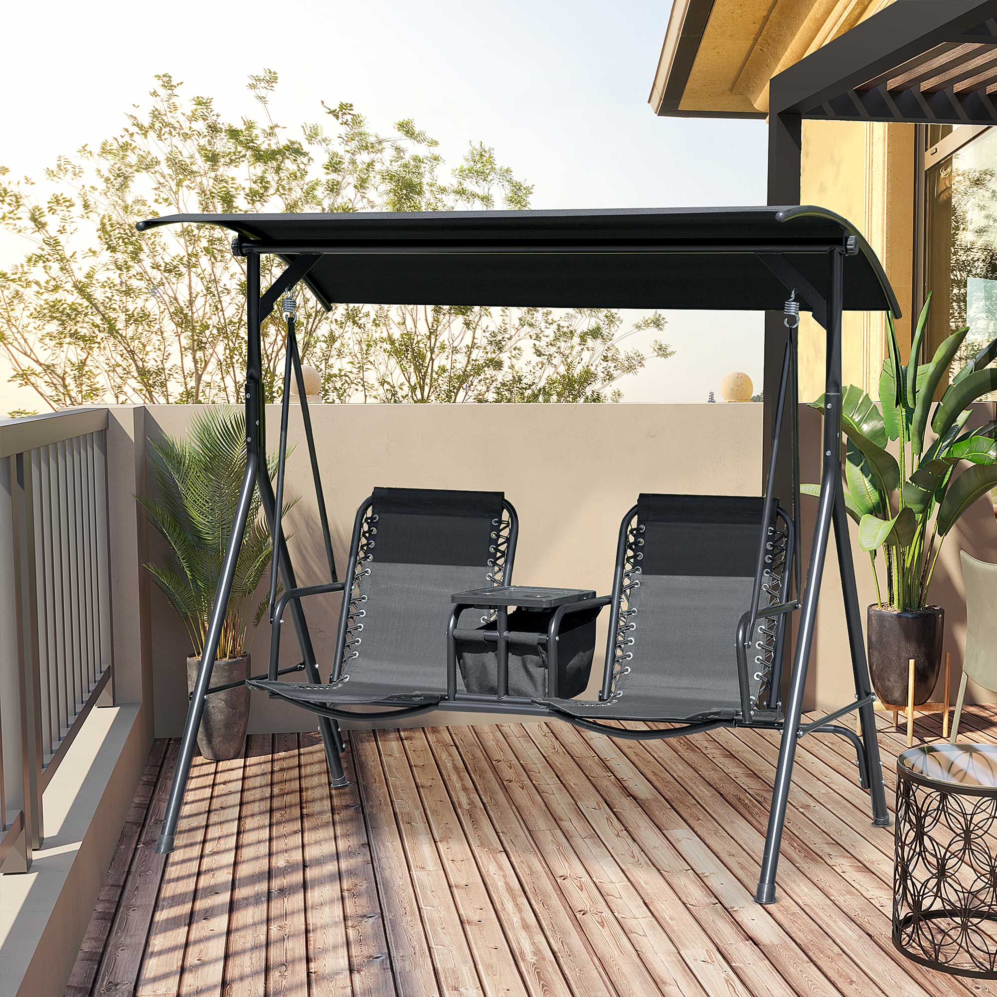 Columpio de porche para 2 personas con mesa, portavasos y toldo ajustable, acero, negro