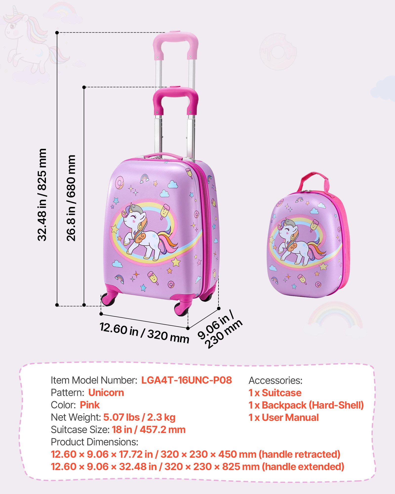 Kids Luggage Set, 2 Piece, 18 Inch Hardside Rolling Wheels Suitcase With Hard-Shell Backpack, Unicorn Kids Carry On Luggage Set, Holiday Birthday Gift For Girls & Boys, Airline Approved
