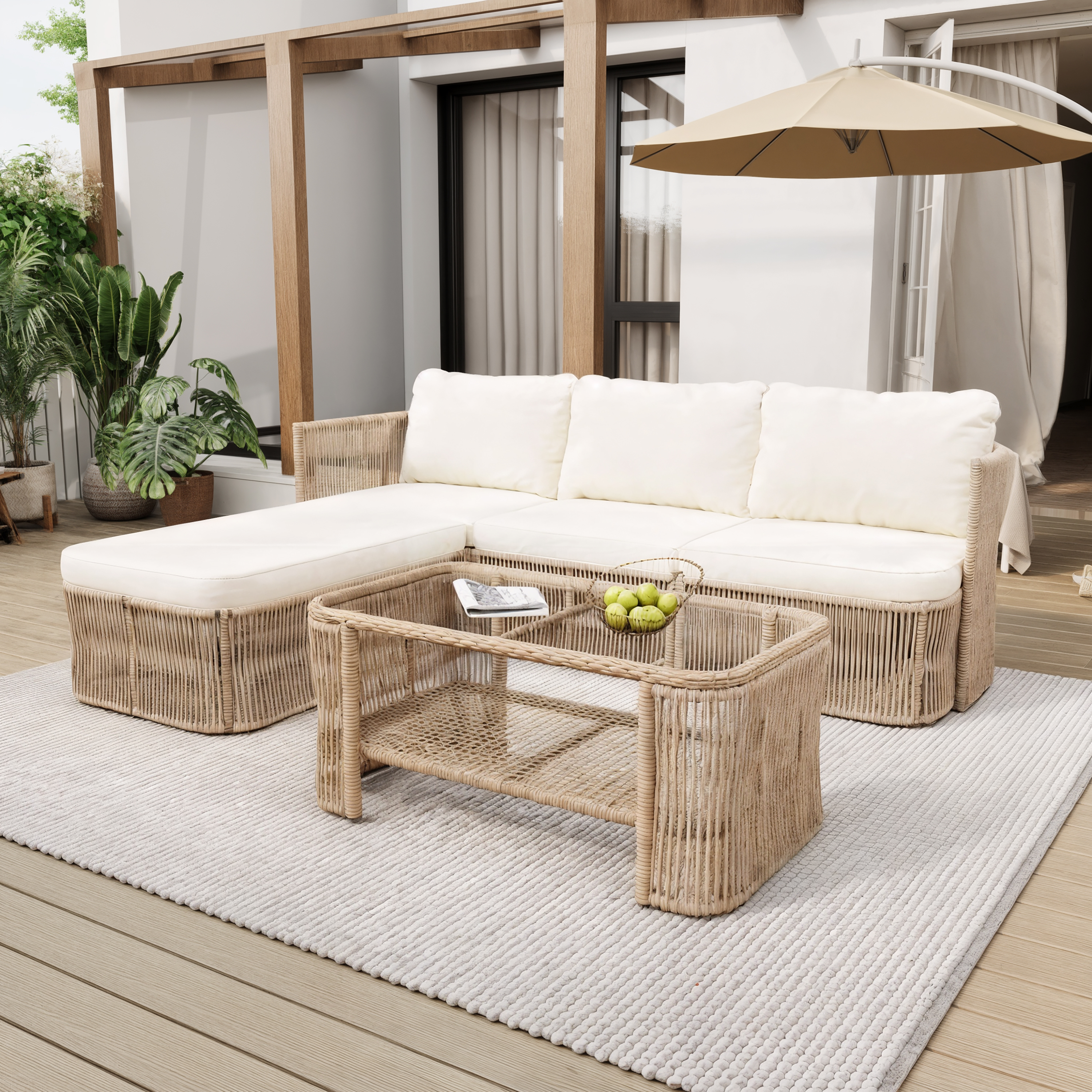 Set de muebles de patio de ratán PE con estructura de hierro, sofá de conversación mimbre beige oscuro