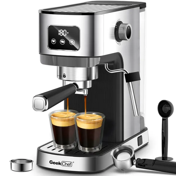 Geek Chef Espresso Machine, Cappuccino & Latte Machine With ESE POD Filter & Milk Frother Steam Wand, Accurate Temperature & Time Control, Compact Coffee Machine For Home,Stainless Steel