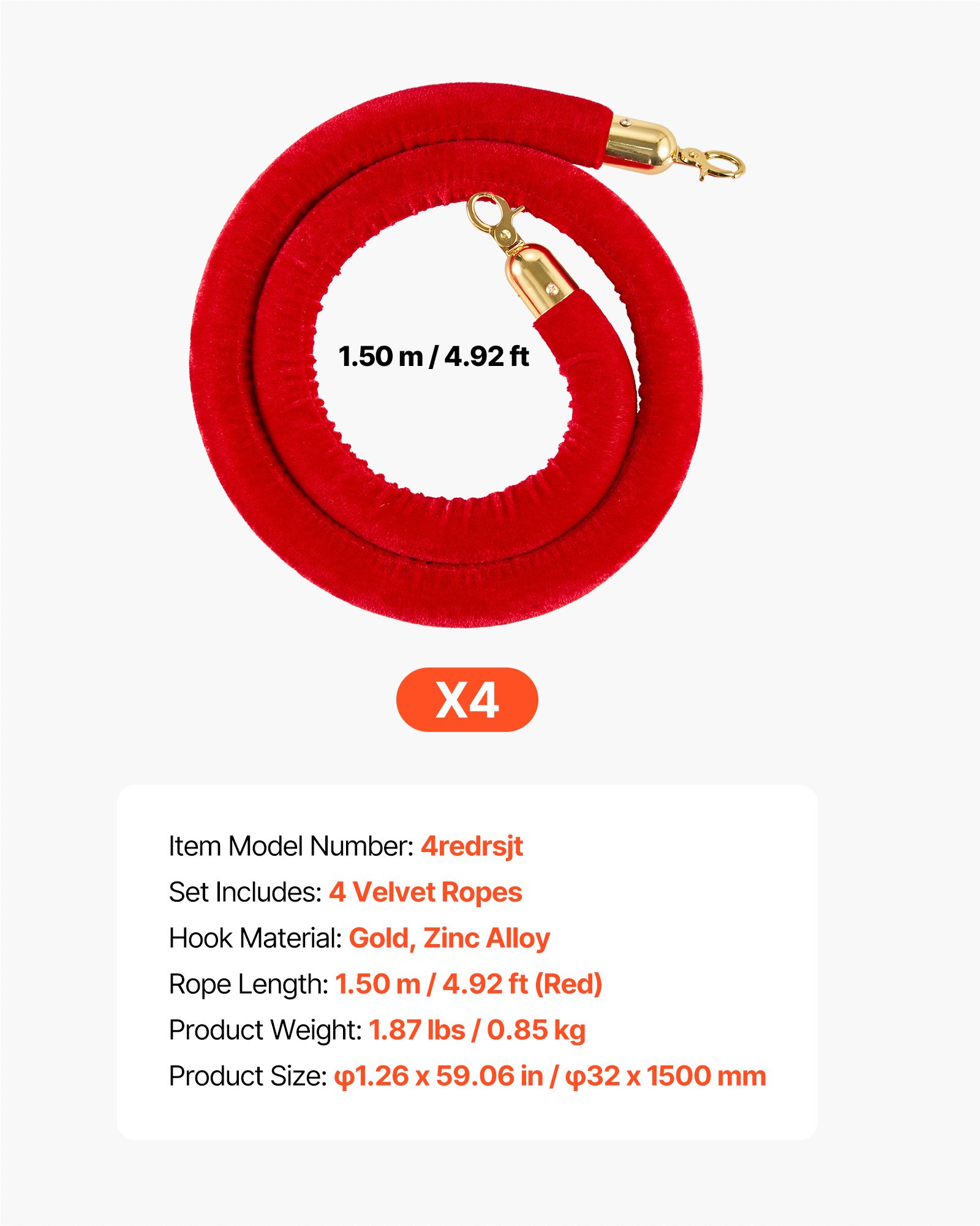 4 Pcs Red Velvet Stanchion Ropes, 5 Ft Crowd Control Stanchion Red Velvet Ropes With Gold Hooks, Post Queue Barrier Carpet Rope For Carpet Events Movie Theaters Grand Openings Hotels Party