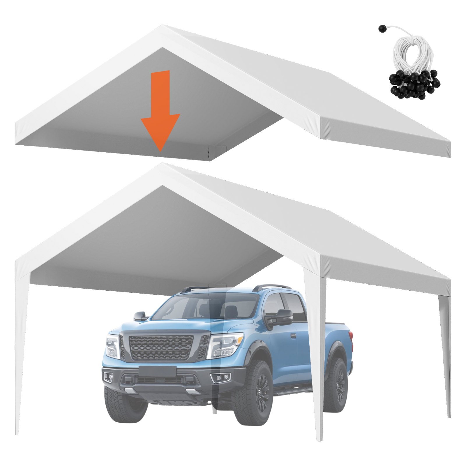 Carport Replacement Canopy, 12 X 20 Ft Potable Garage Tent Top Tarp, UV-Resistant & Waterproof Car Shelter Tarp, Heavy Duty Car Port Cover With Ball Buggees, White, Frame Not Included