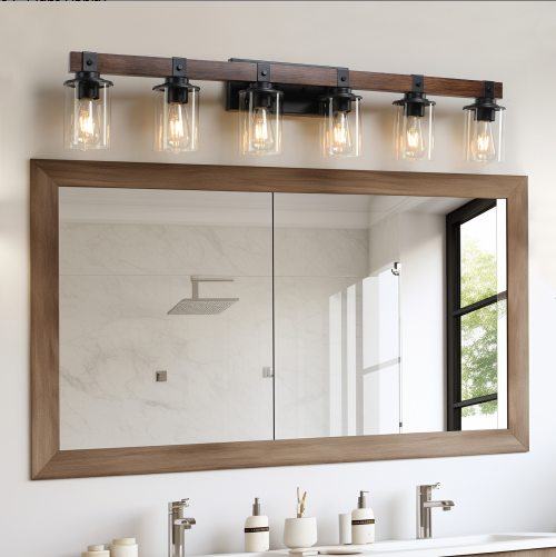 Lámpara de tocador rústica de 6 luces, 42 pulgadas, industrial, vidrio y madera