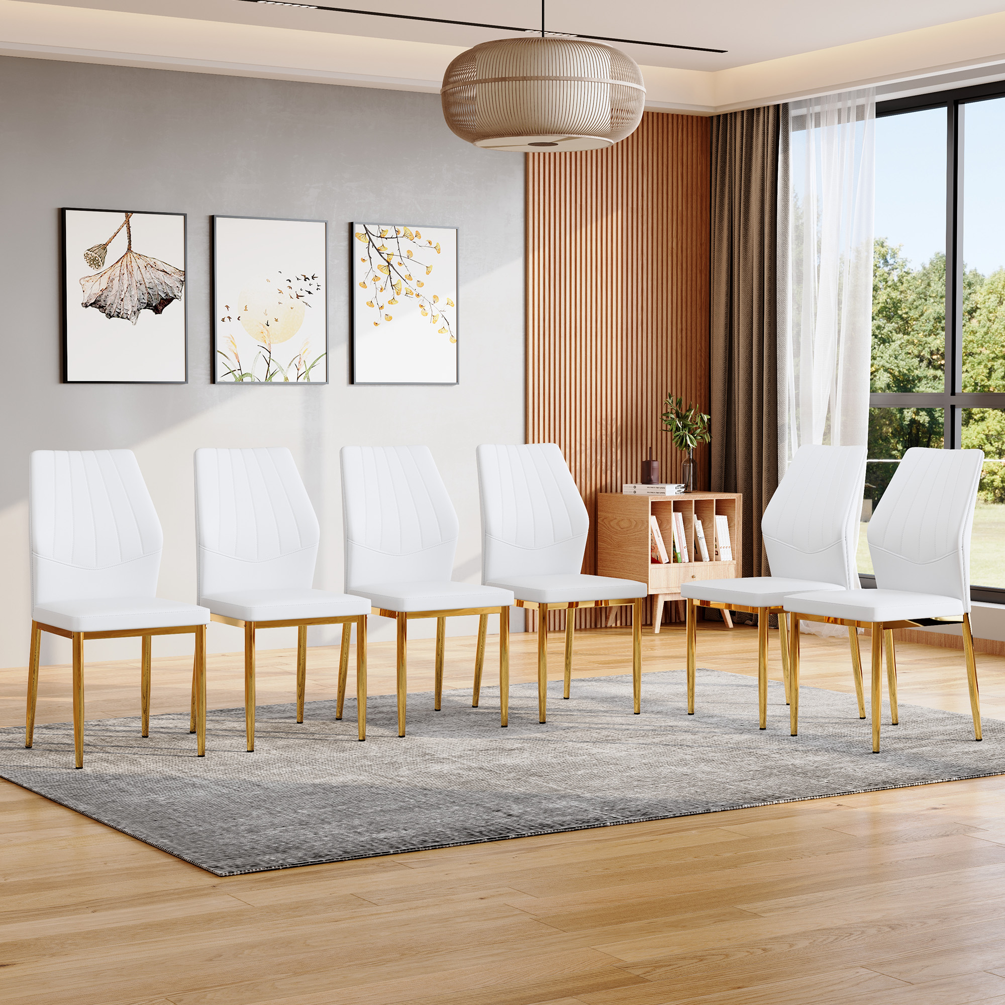 Set de 6 sillas de comedor doradas y blancas, 37 pulgadas de alto, respaldo de PU.