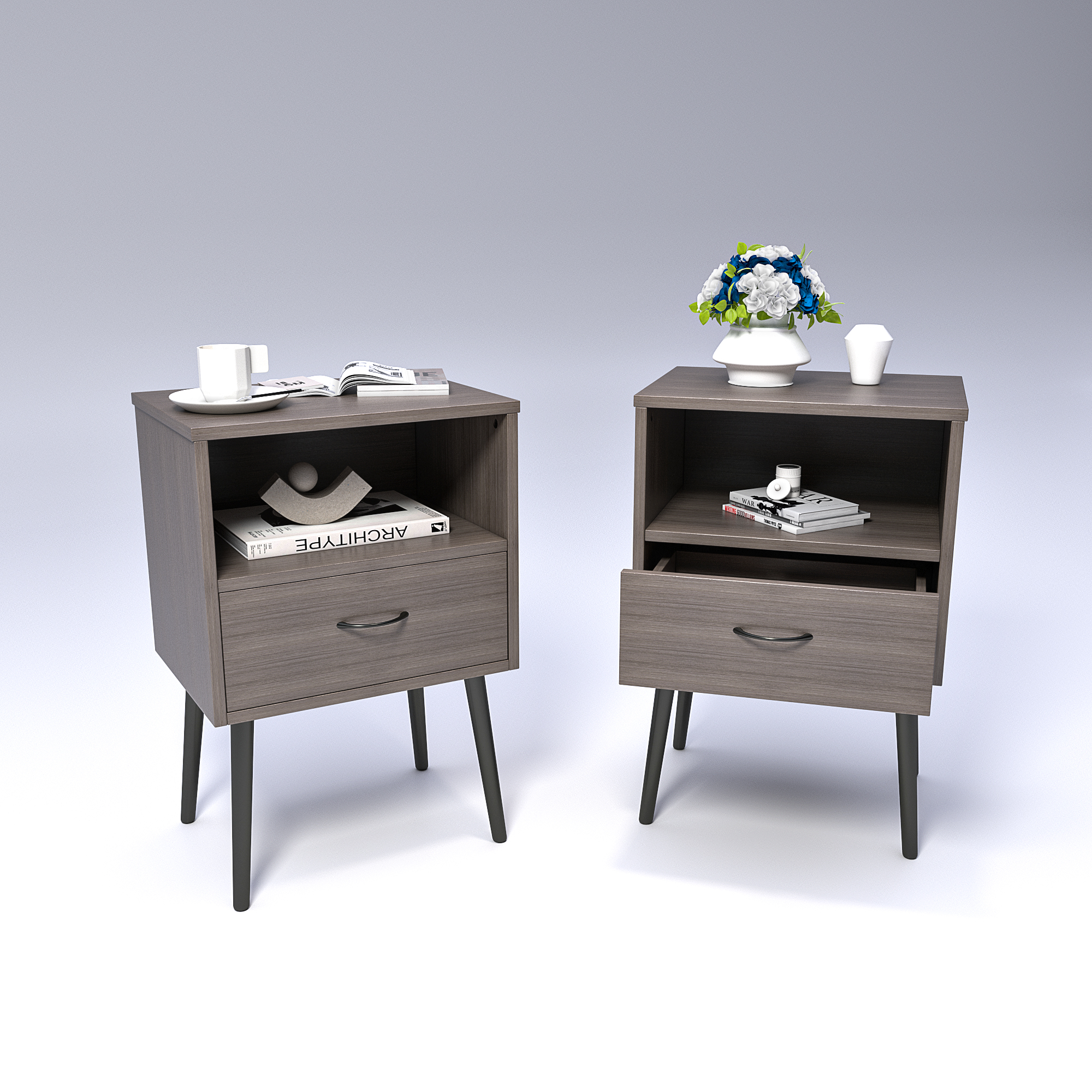 Two Sets Of Nightstand,modern Style Bedside Table, With Storage Drawers And Open Wooden Shelves, Suitable For Living Rooms, Bedrooms And Small Spaces. Decorative Bedside Tables In Two Sets, Easy To As