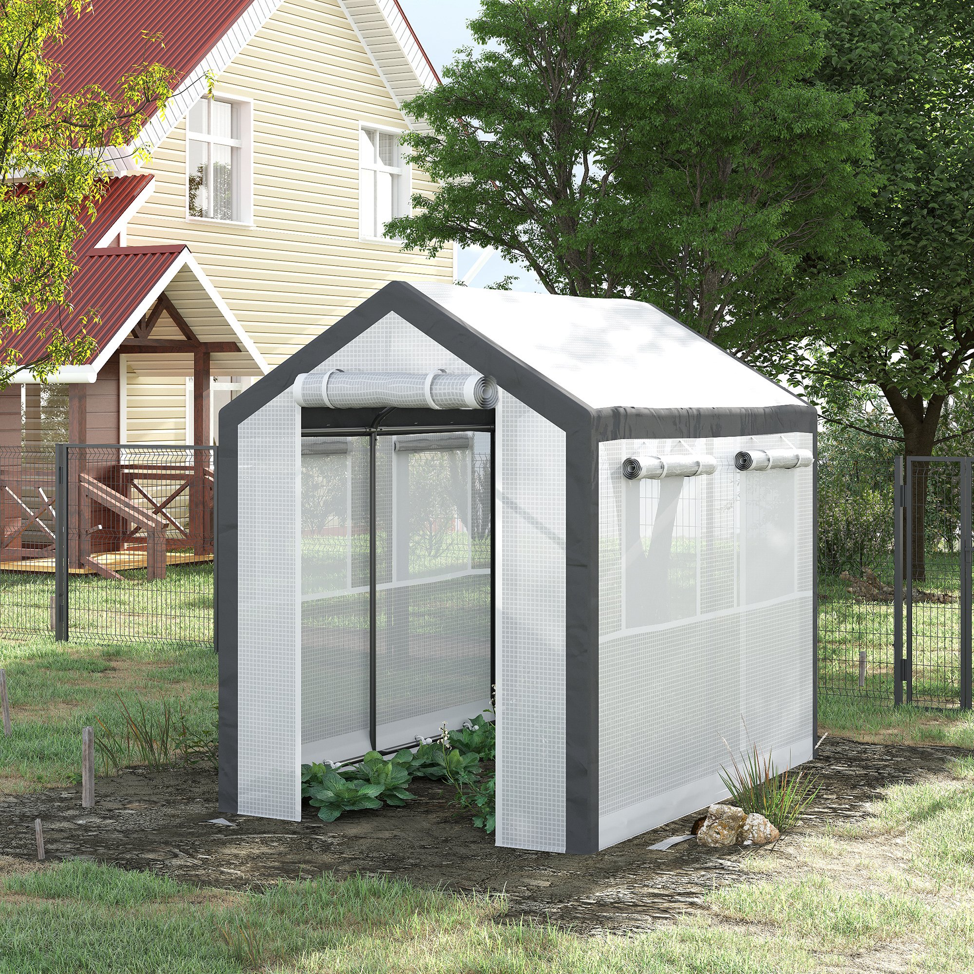 Outdoor Walk-In Tunnel Greenhouse with Roll-up Windows, Zippered Mesh Door, & Weather Cover,  8 x 6 x 7.4