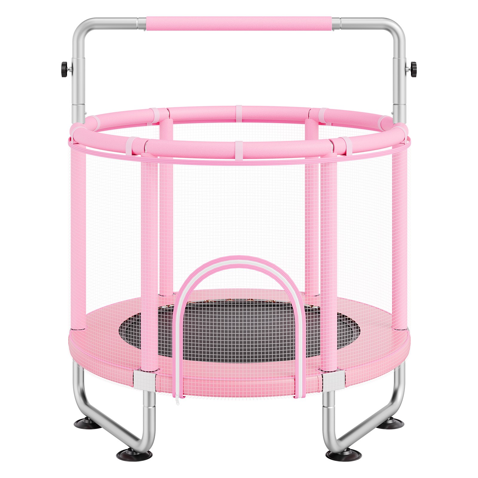 Trampolín para niños de 55 pulgadas con red de seguridad y aro de baloncesto, rosa
