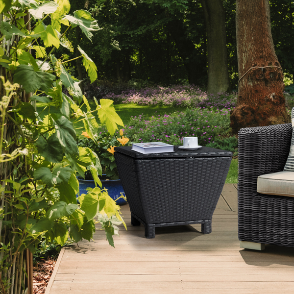 50x50x43cm Trapezoidal Shape, Reversible Cover, Black Rattan, Woven Edge Table