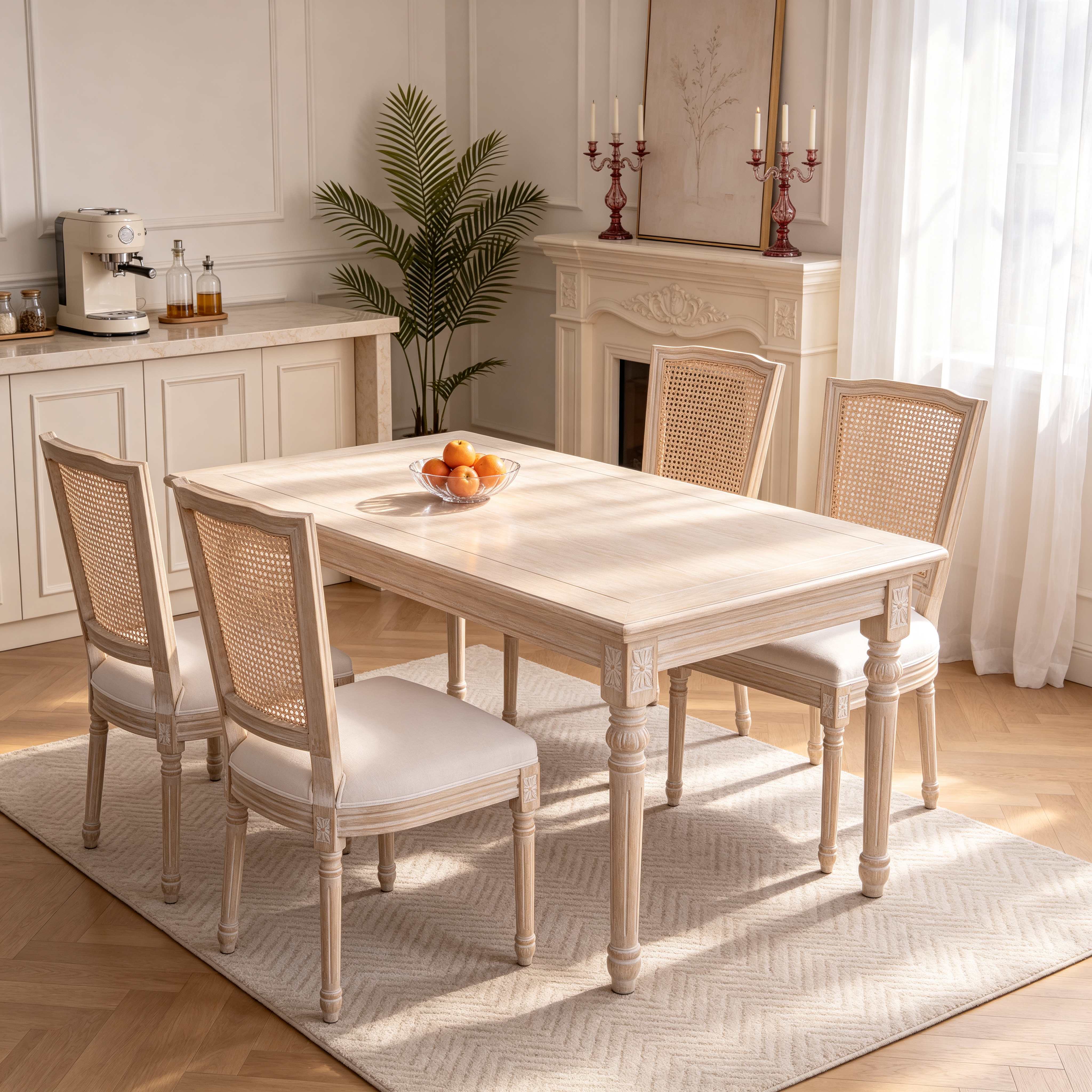 French Country Dining Chairs Set of 2, Upholstered  Chairs with  Rattan T-shaped Back, Wire drawing and carving techniques ,Disassemblable ,  for Living Room, Kitchen , Restaurant Use, Beige