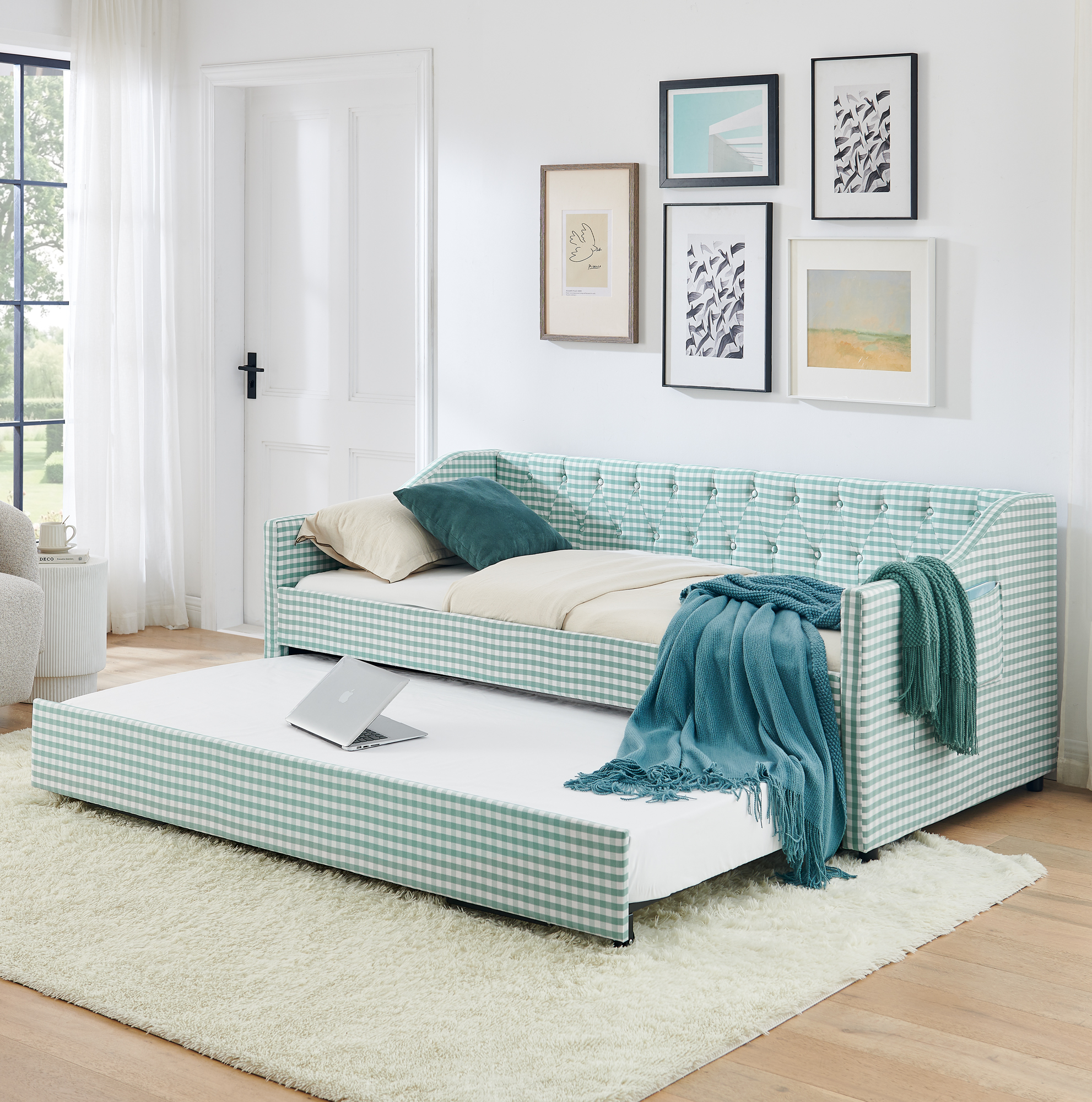 Sofá cama individual tapizado 3 en 1, con cama nido y almacenamiento lateral, cian