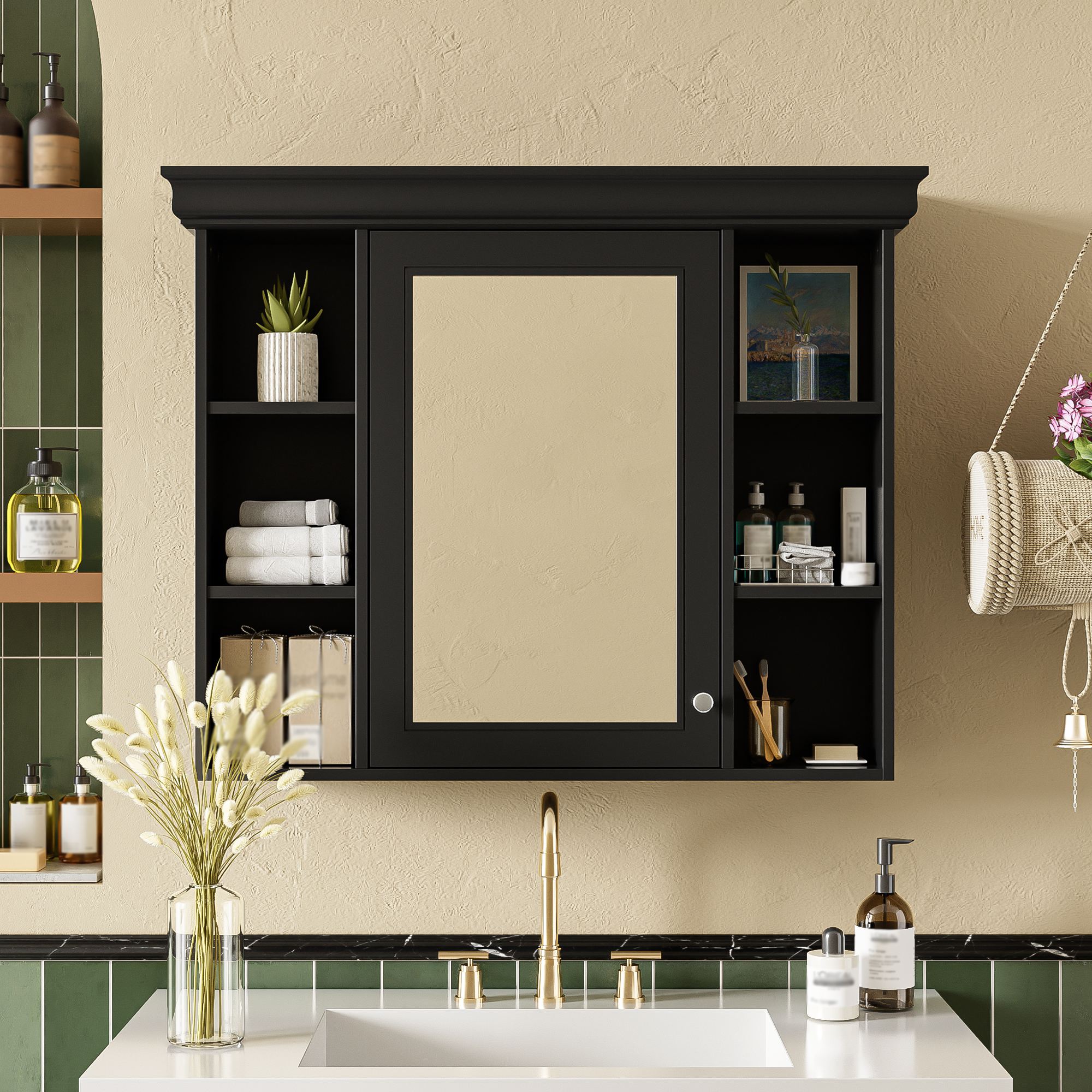 35'' X 28'' Black Wall Mounted Bathroom Storage Cabinet With Mirror Door, Modern Bathroom Wall Cabinet With Mirror, Medicine Cabinet With 6 Open Shelves