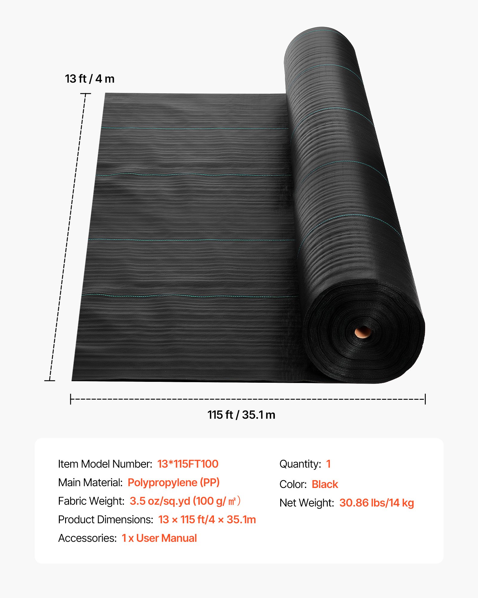 Malla antihierbas resistente 13x115 pies, 3.5 onzas, geotextil para jardín, negra