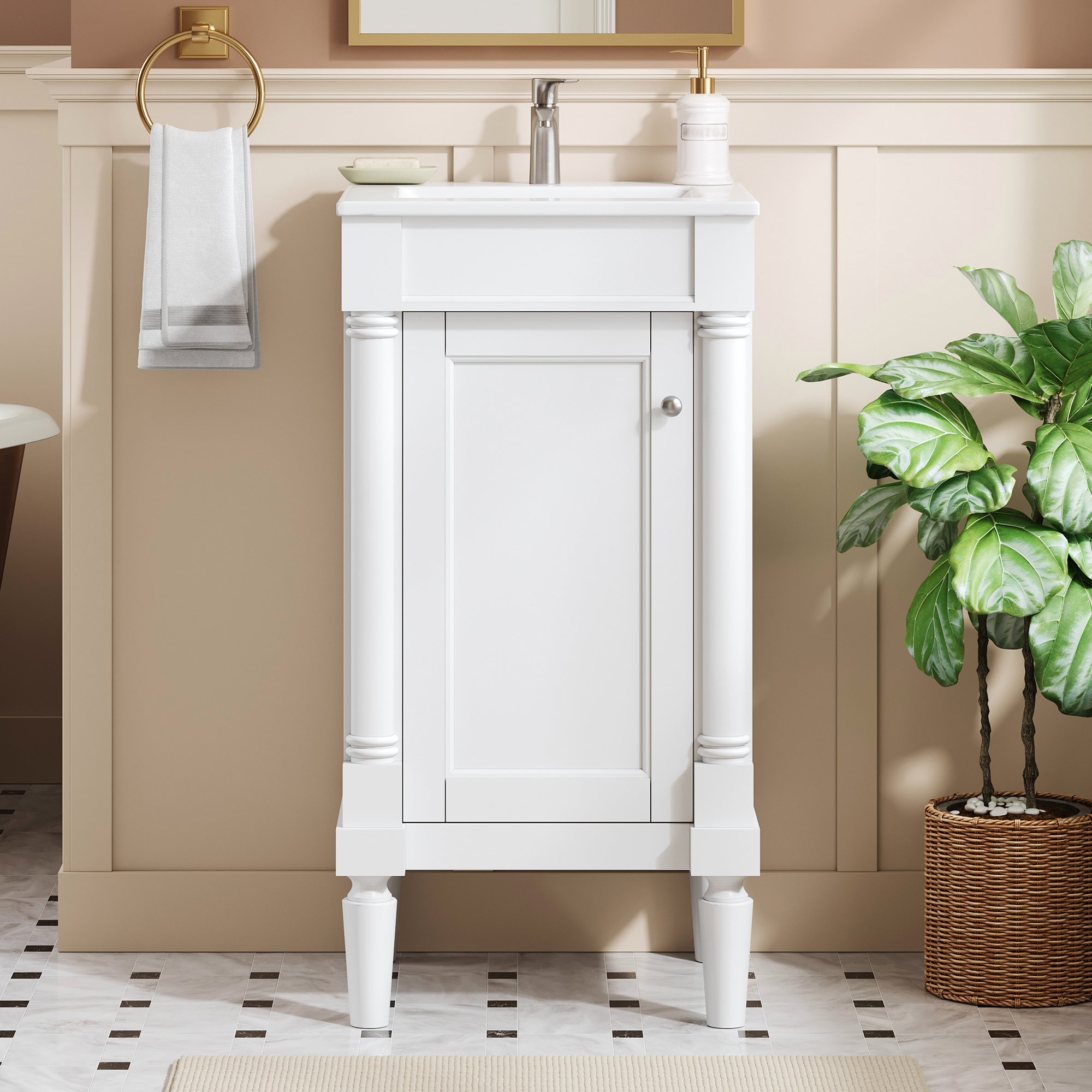 18   French Style Bathroom Cabinet With Storage, Small Space Solution With Ceramic Sink, Adjustable Shelf, Soft-Closing Hinges