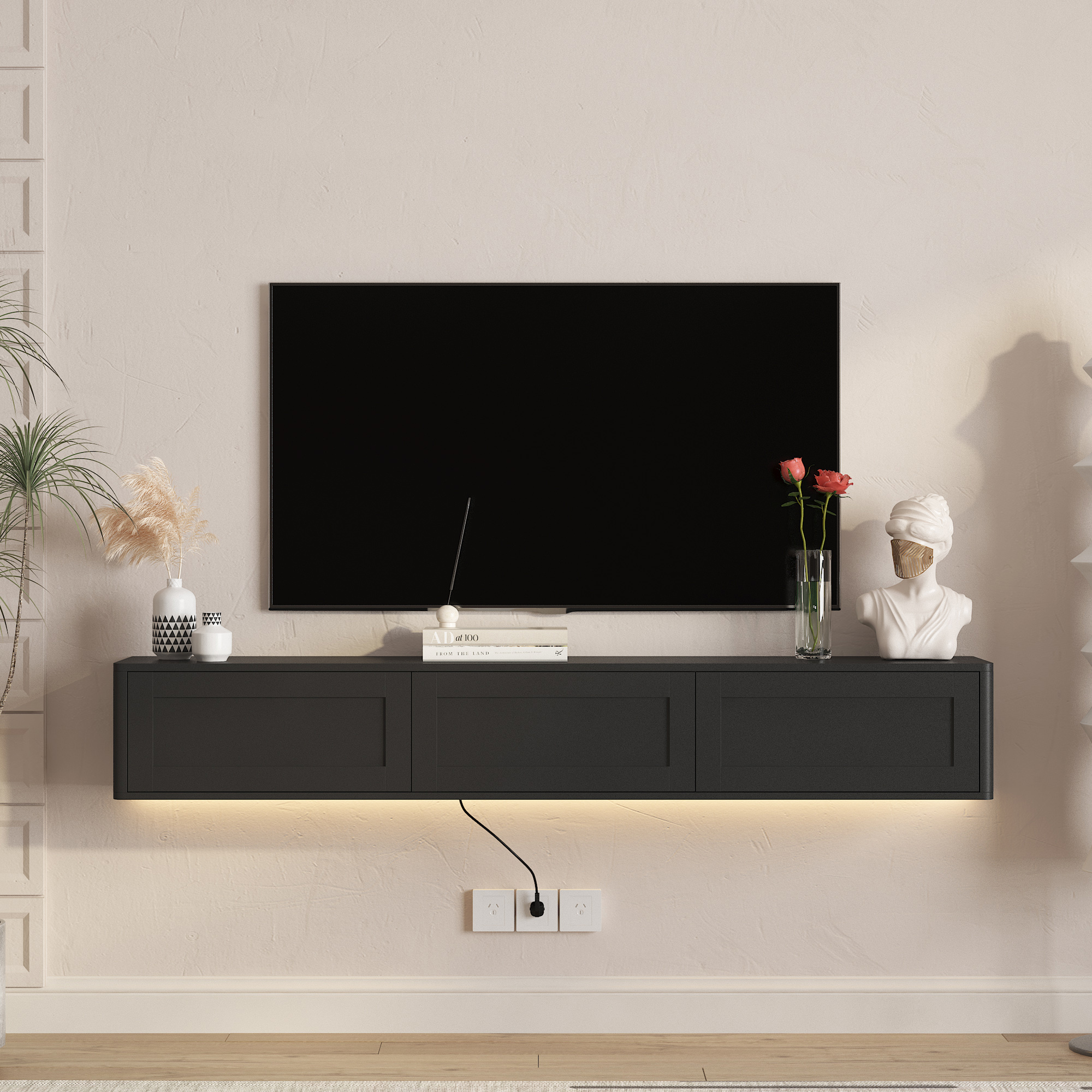 Floating TV Stand, Wall Mounted TV Shelf With Led Lights & Power Outlet,High Gloss TV Cabinet For Black Tv Stands For Living Room