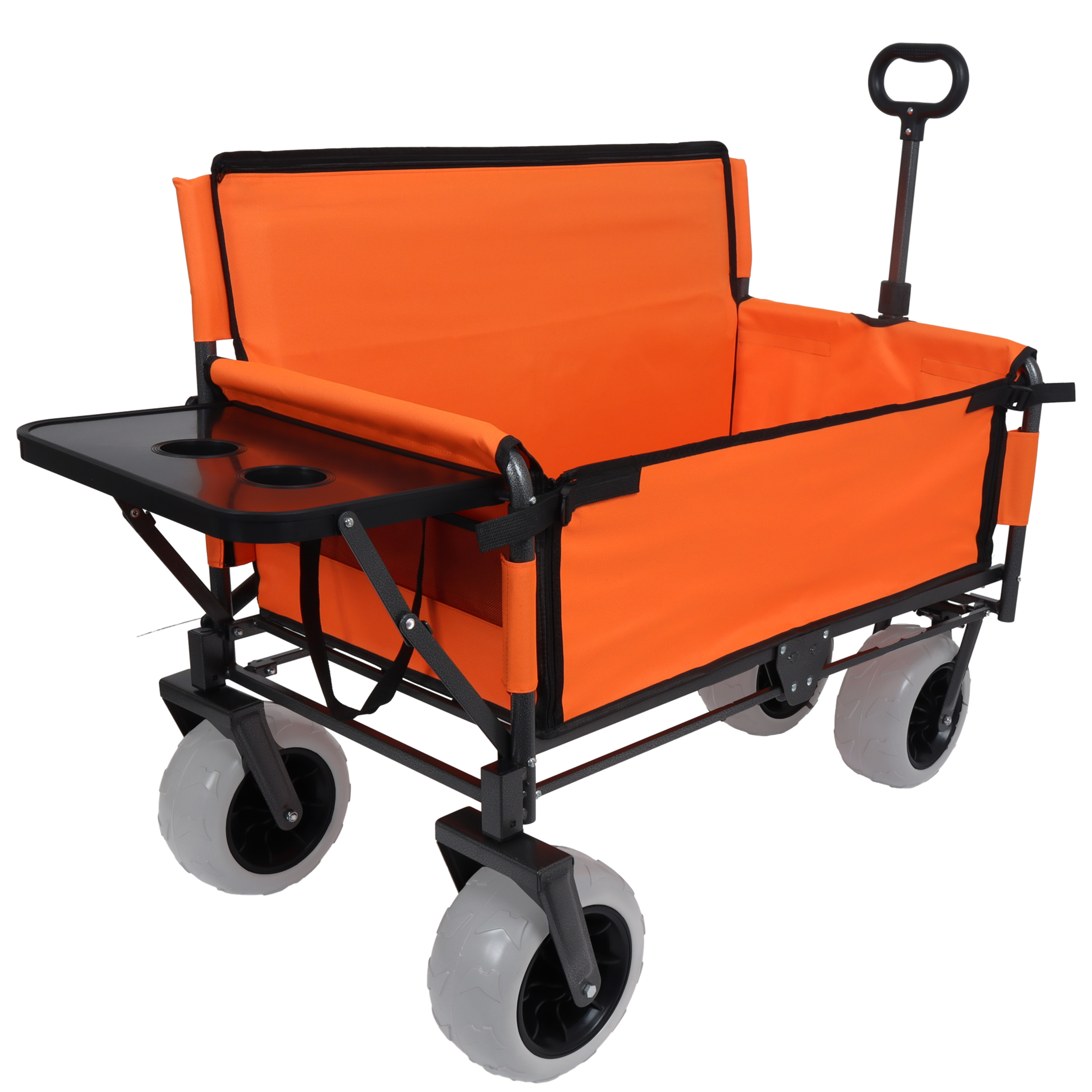 3- In- 1 Folding Wagon With Bench Seat & Rear- Mounted Folding Tabletop -  500lbs Capacity  9 X4  Beach Tires For Camping  Orange