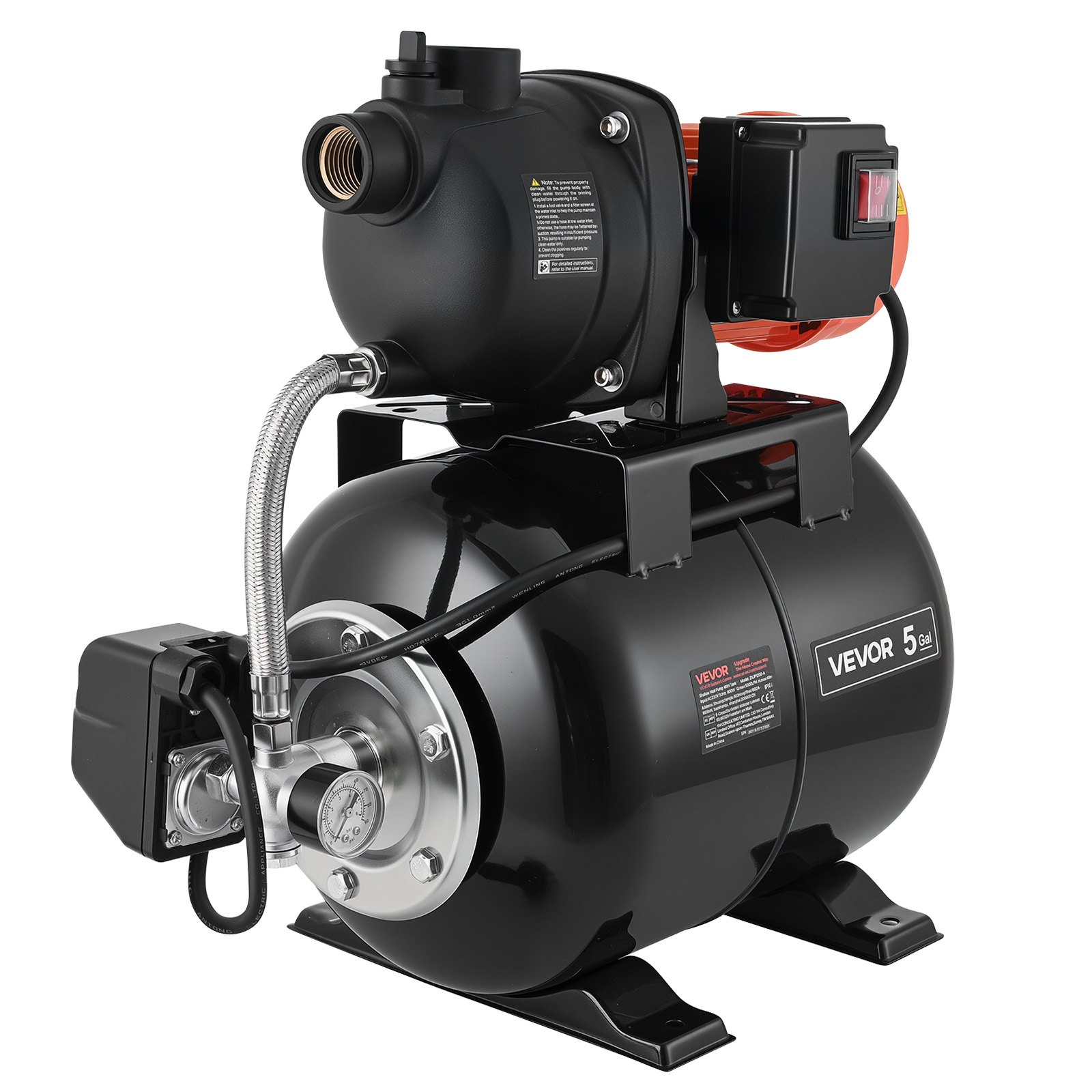 1.1 H P Shallow Well Pump With Pressure Tank, 120V 1320 GPH, Plastic Irrigation Jet Pump With 5-Gal Tank, Automatic Water Booster Transfer System, 20 40 PSI Pressure Switch, For Home Garden Lawn