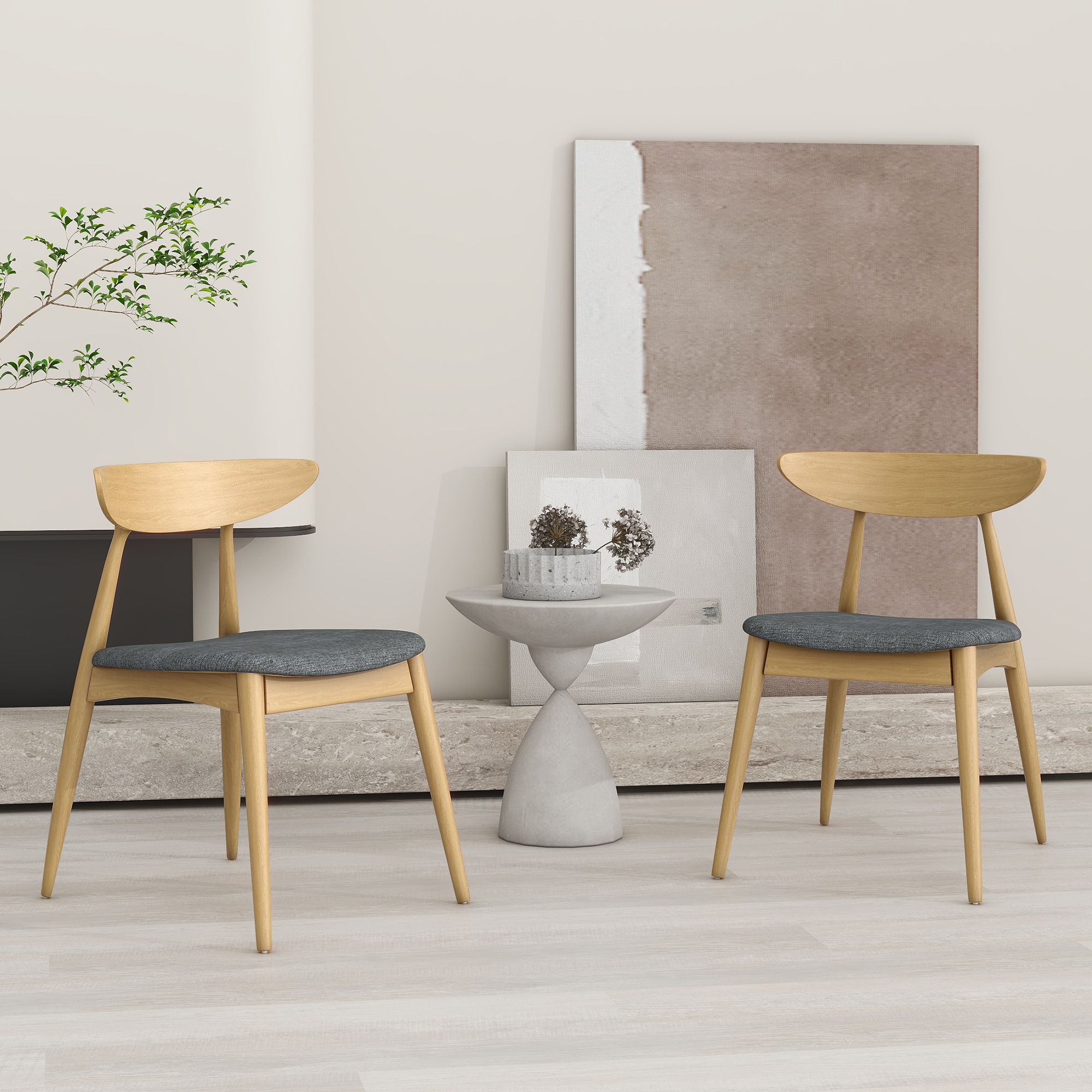 Set Of 2 Retro Rubberwood Chairs With Ergonomic Back & Plush Cushions, Natural-Gray