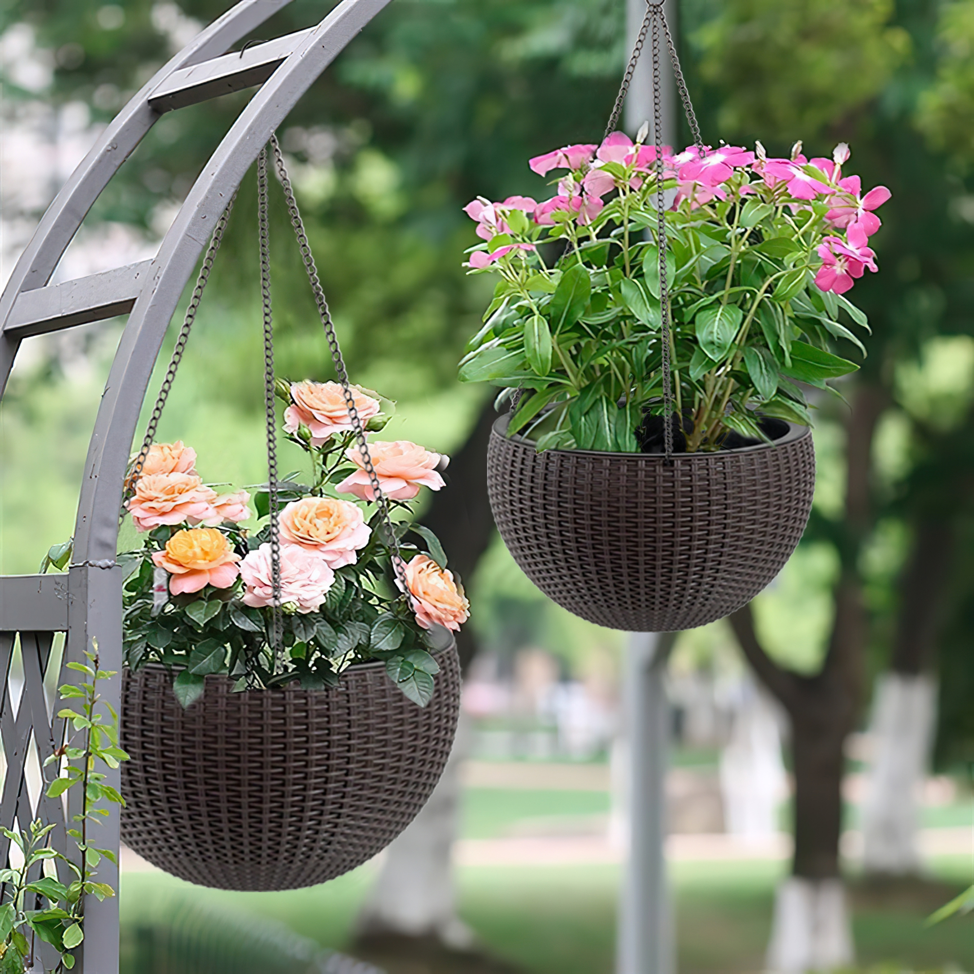 13.4 Inch Self-Watering Hanging Rattan-Inspired Planter Large Capacity, Root-Rot Resistant Water Storage With Water Level Indicator, Dual-Use For Indoor & Balcony Decoration  Pack Of 2, Brown