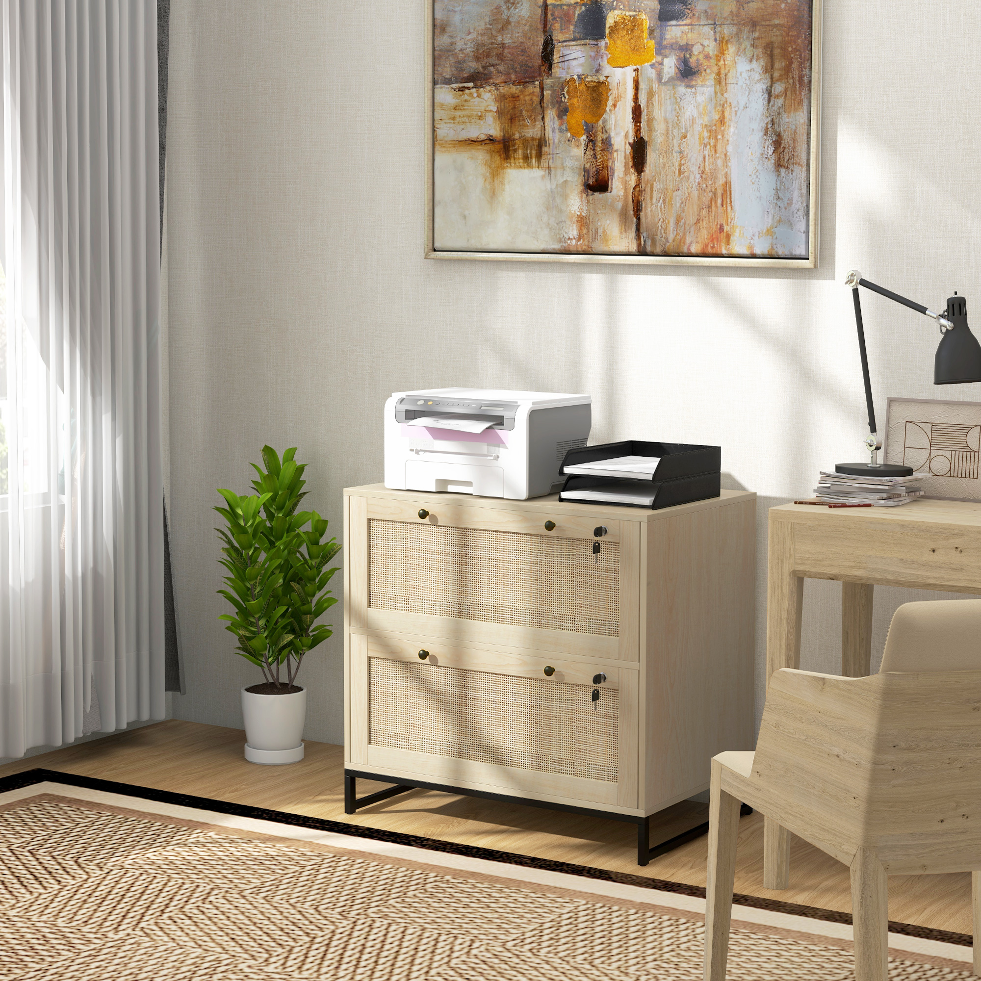 Archivador Boho con cerradura, 2 cajones y barra ajustable para documentos tamaño carta/A4/legal.