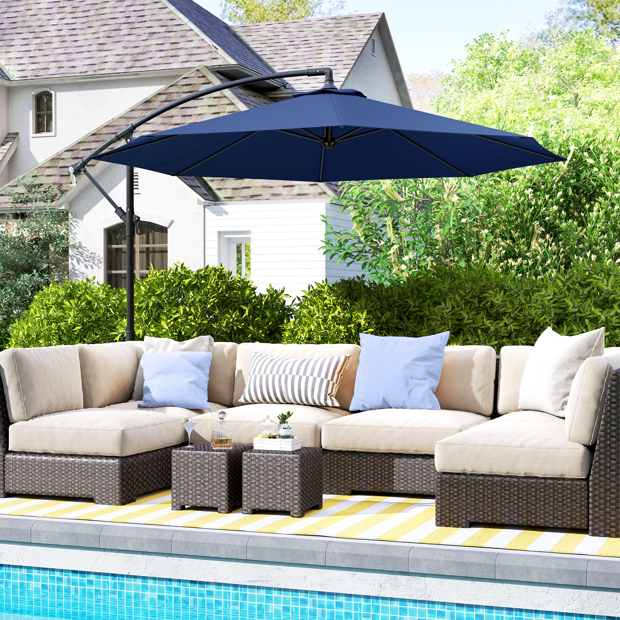 Sombrilla de patio tipo cantilever de 10 pies con base cruzada, azul marino
