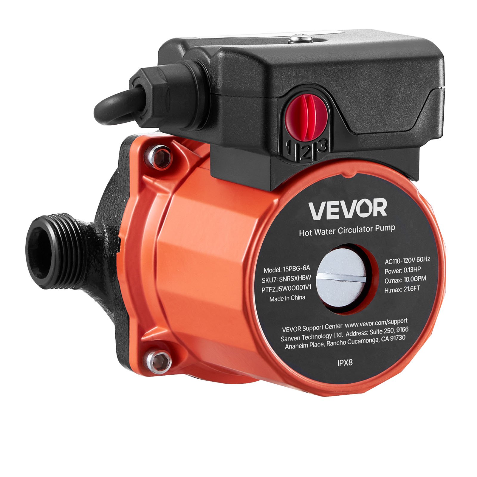 Hot Water Recirculating Pump, 10 GPM, Instant Circulation Circulator Pump System, 3-Speed Control, 0.13 HP, 110-120V, NPT 3/4 In To NPT 1/2 In Adapter, Cast Iron Head, For Water Heater System