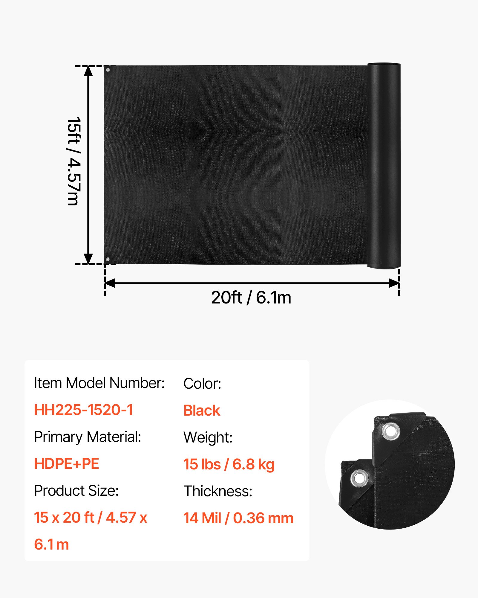 15 X 20 Ft Pond Liner, 14 Mil Thickness, 3-Layer Reinforced PE Fish Koi Pond Liner For Outdoor Ponds, With Hemmed Edge And 4 Metal Buttonholes, For Water Garden, Waterfall, And Fountains, Black