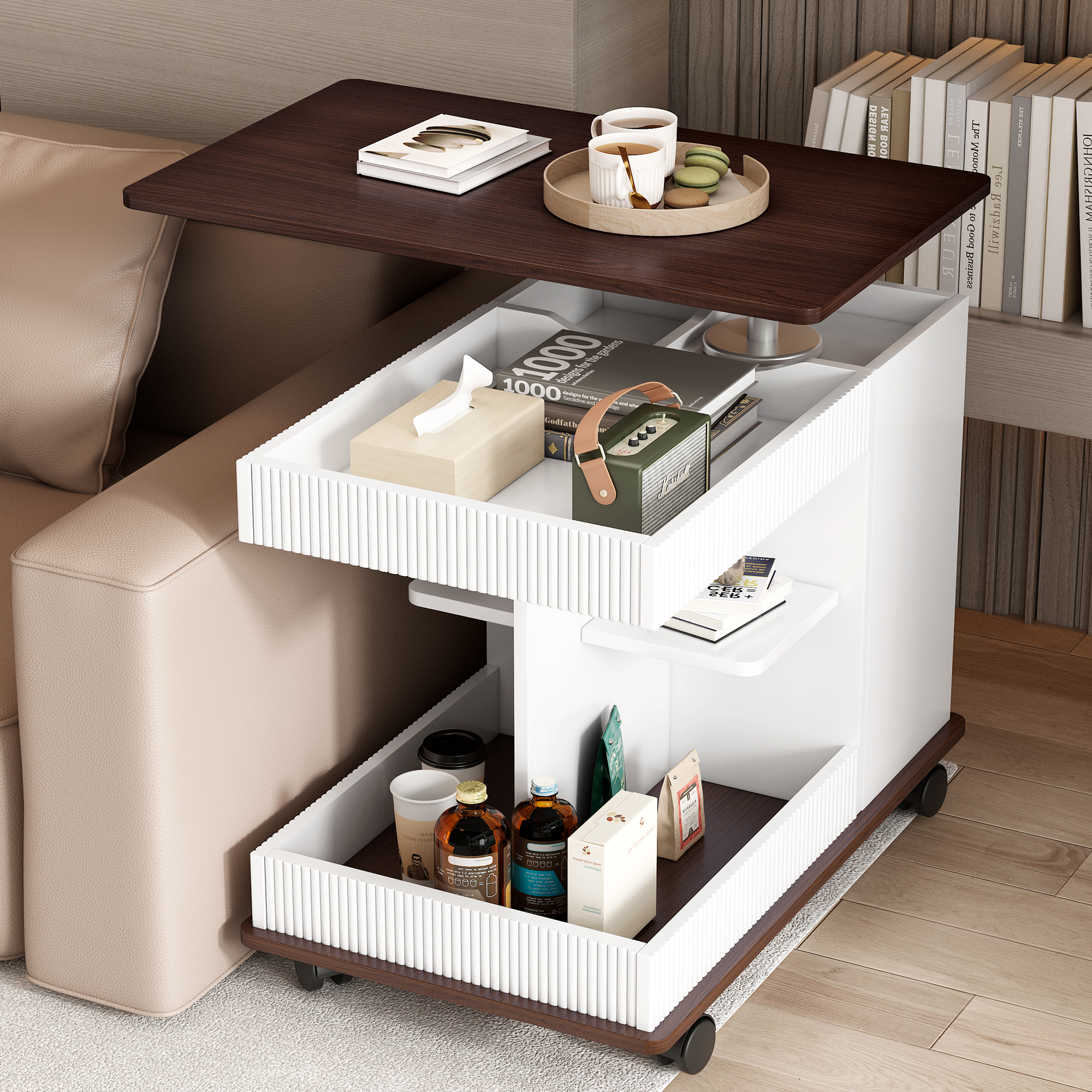 Mesa auxiliar U-Can ajustable con ruedas, tapa elevable y giratoria 360°