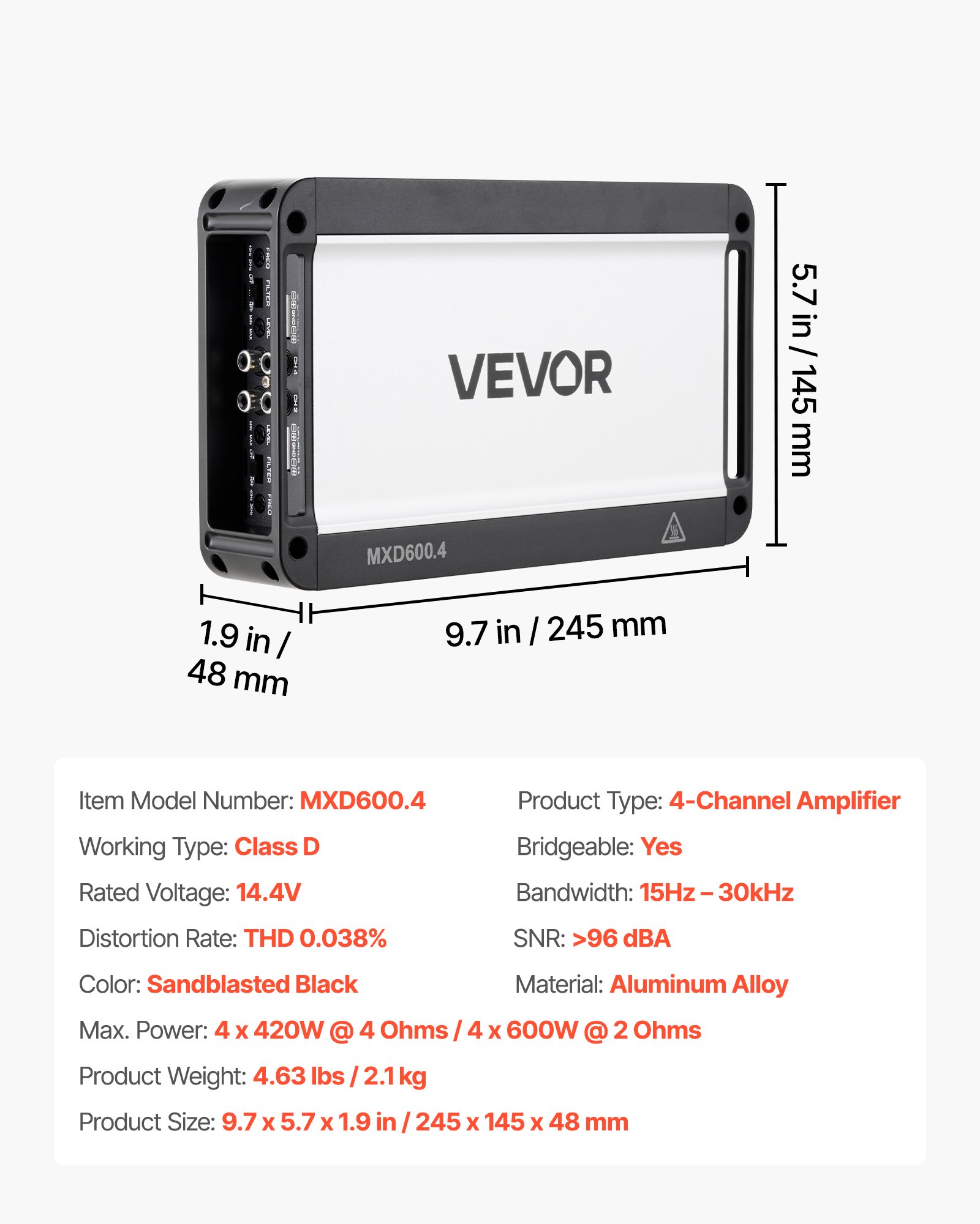 Amplificador de audio para auto de 4 canales, Clase D, 2 Ohm estable, puenteable.