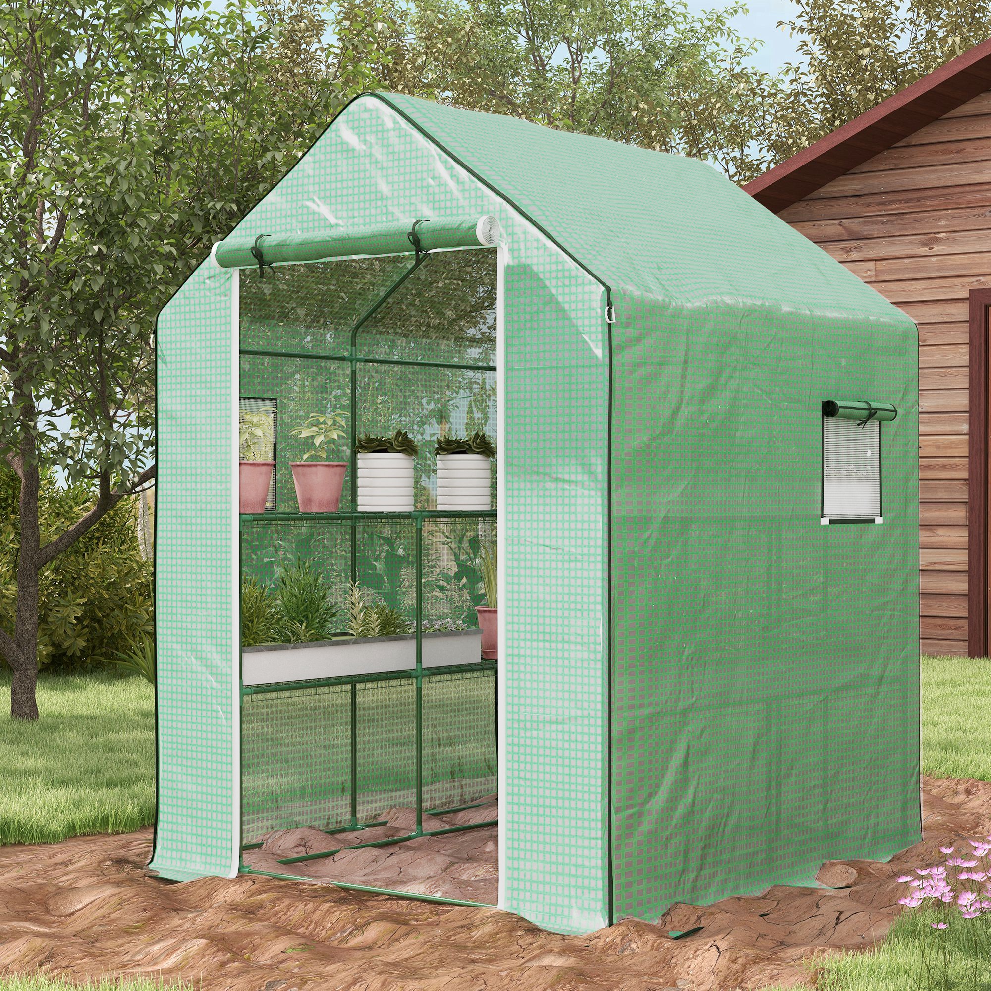4.6 x 4.7 Portable Greenhouse, Water/UV Resistant Walk-In Small Outdoor Green House with 2 Tier U-Shaped Flower Rack Shelves, Roll Up Door & Windows, Green