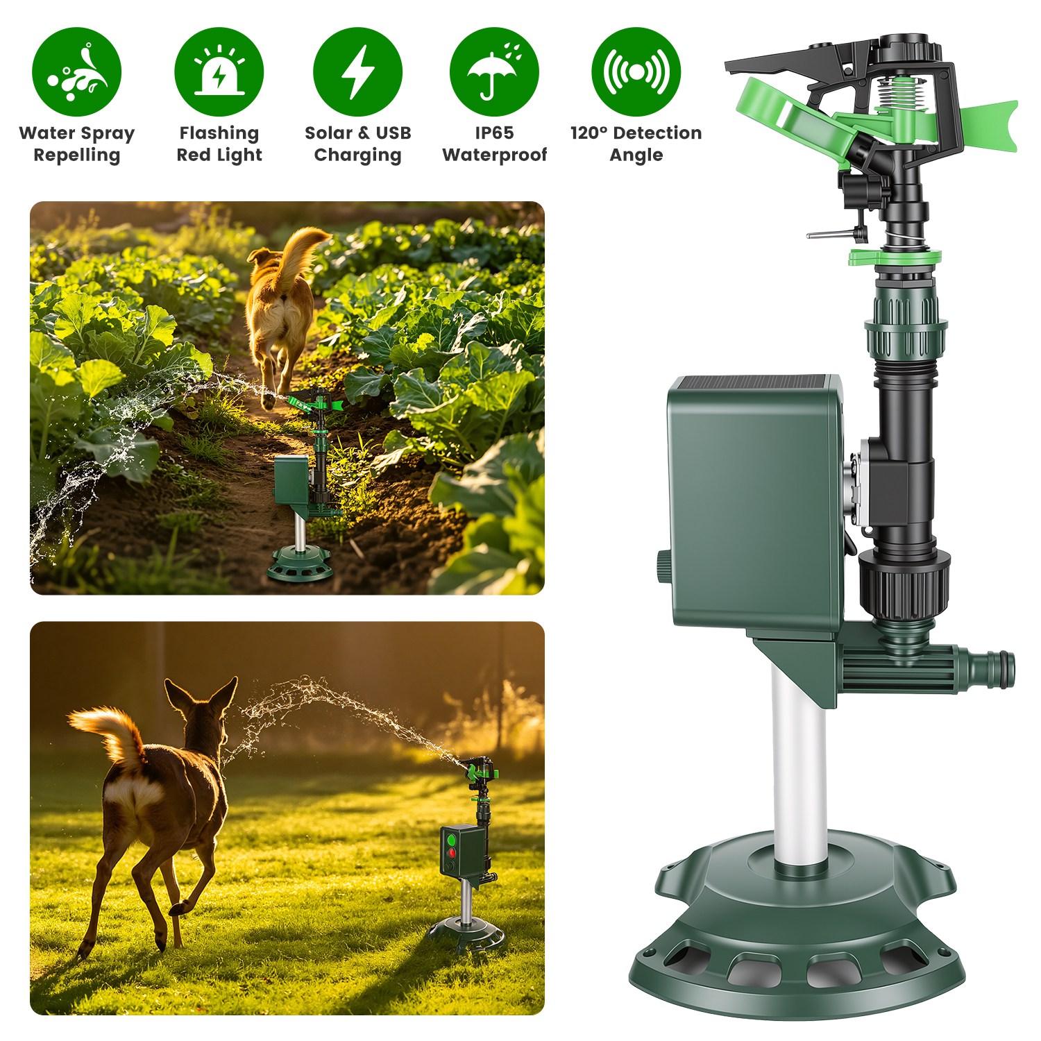 Solar Powered Motion Sensor Animal Repellent Sprinkler With Flashing Light Outdoor Animal Deterrent For Cats Dogs Squirrels Birds Raccons Deer And More