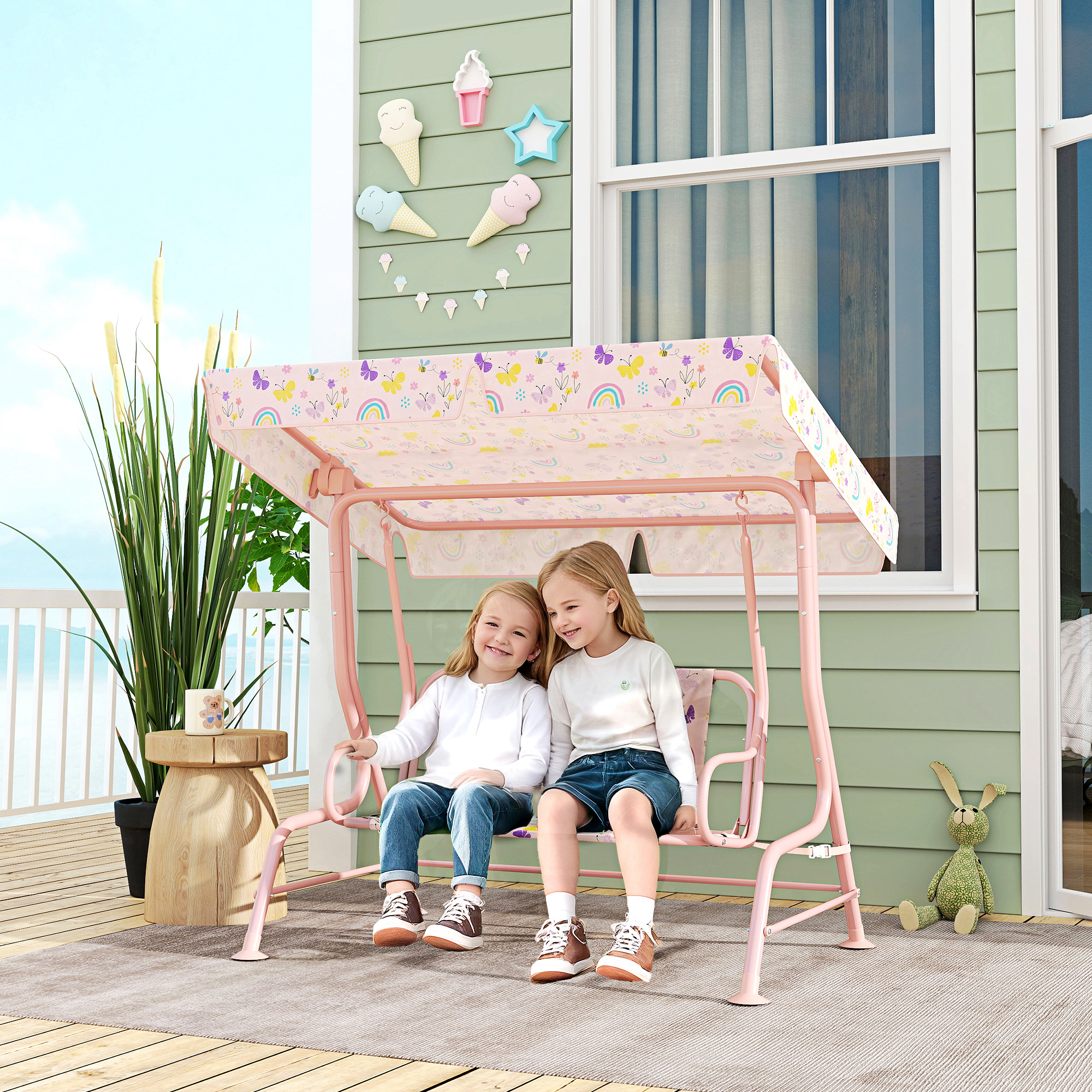 Silla columpio infantil para patio con toldo ajustable y cinturón de seguridad