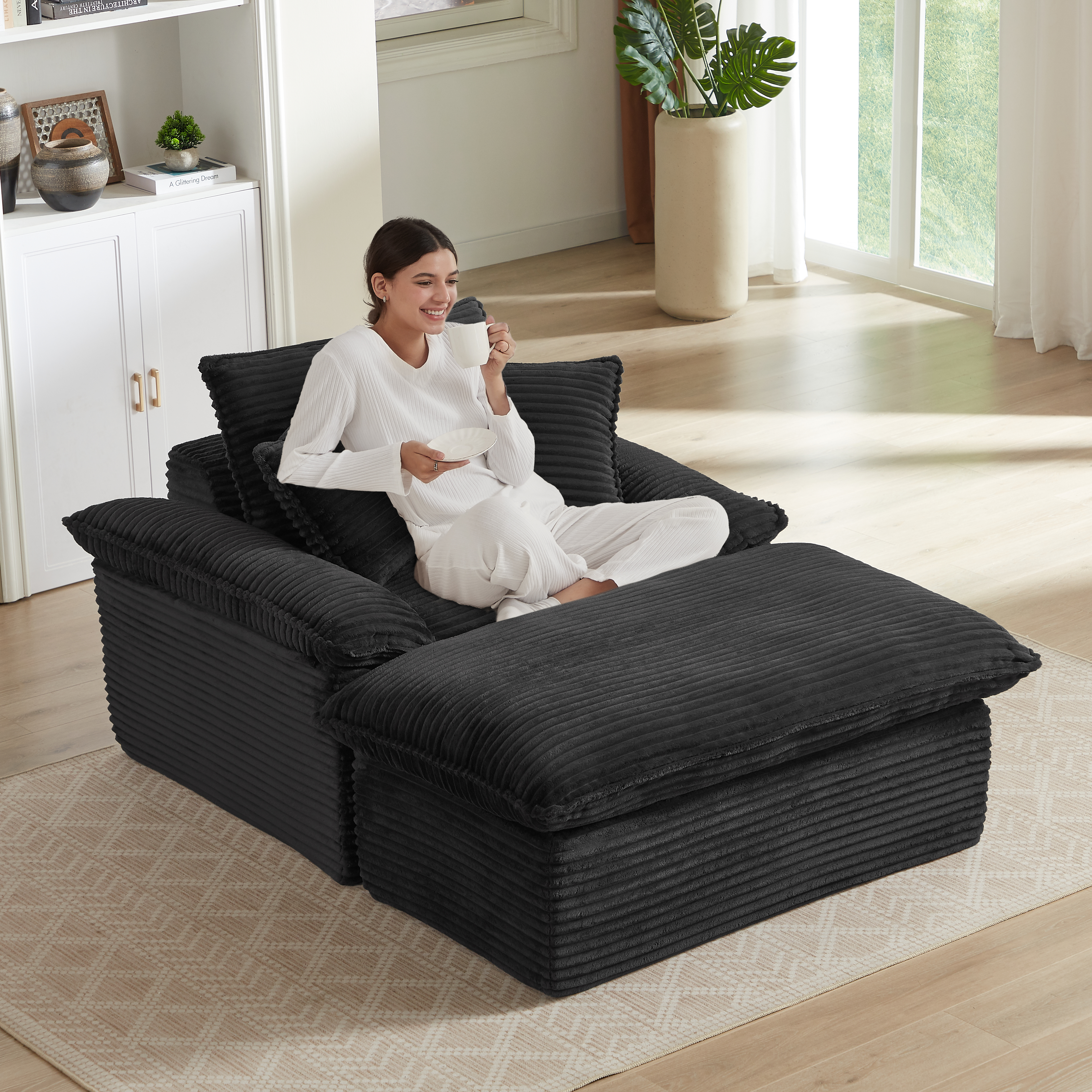 51.97 Inch Modern Comfortable Cushioned Compression Single Seat Sofa With Unique Footrest Design, Lounge Chair For Living Room, Bedroom, Apartment, Office, Black