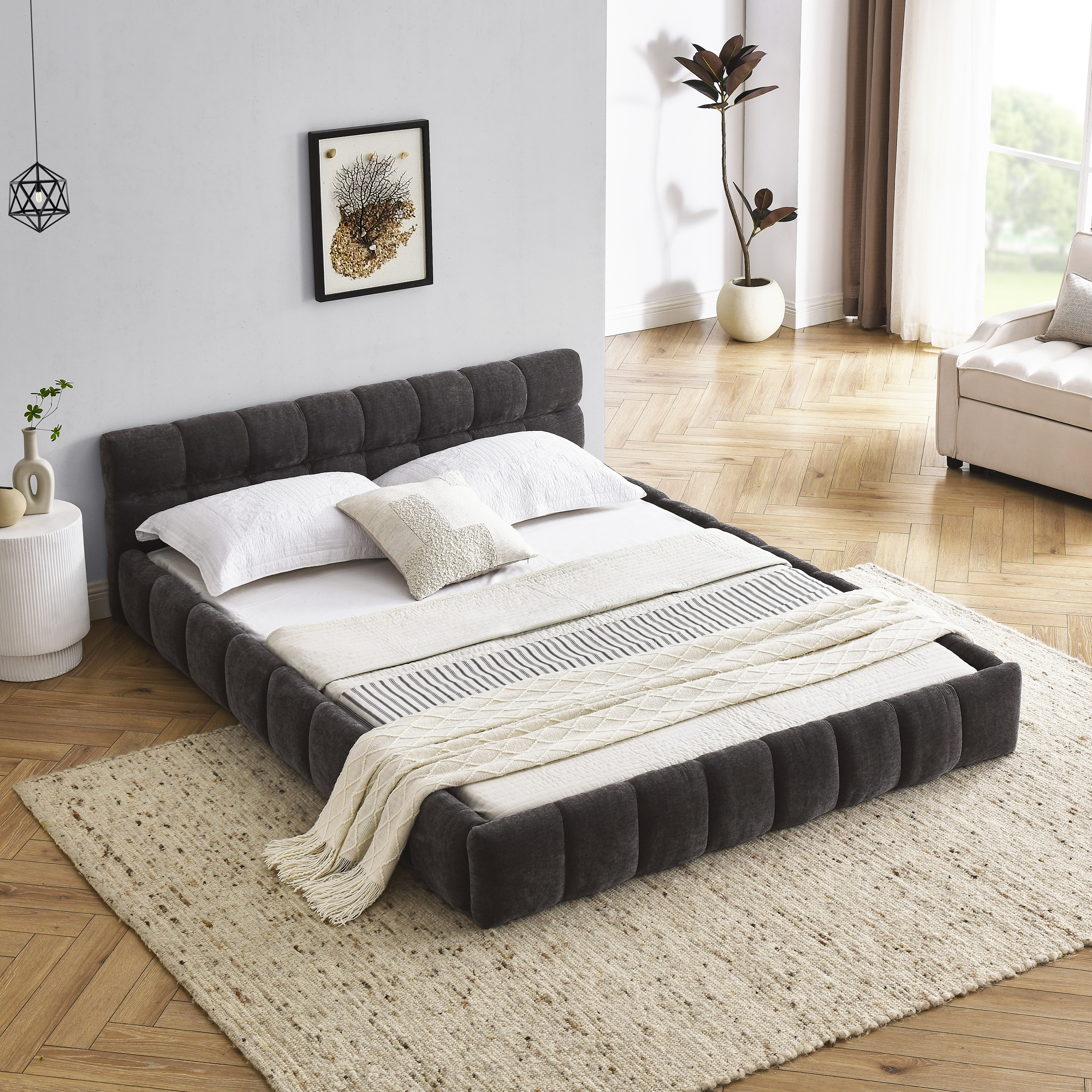 Queen Size Upholstered Bed Frame With Thick Fabric, Chenille Fabric Grounded Queen Size Platform Bed With Headboard And Solid Frame. No Box Spring Needed, Dark Grey 68x86.5x23.5