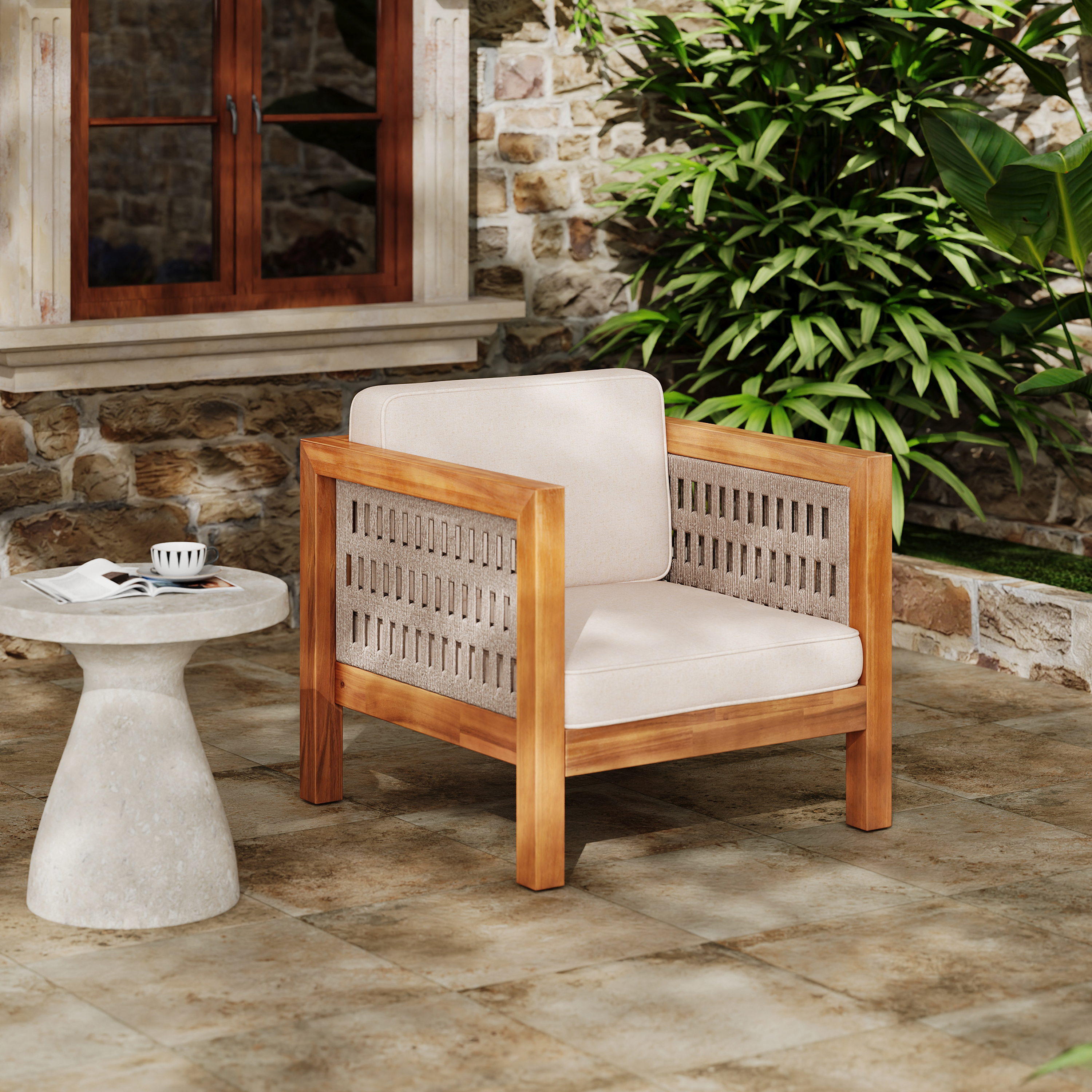 Acacia Wood Outdoor Club Chair  With Beige Rope Arm And Beige Cushions,400 Lbs Capacity